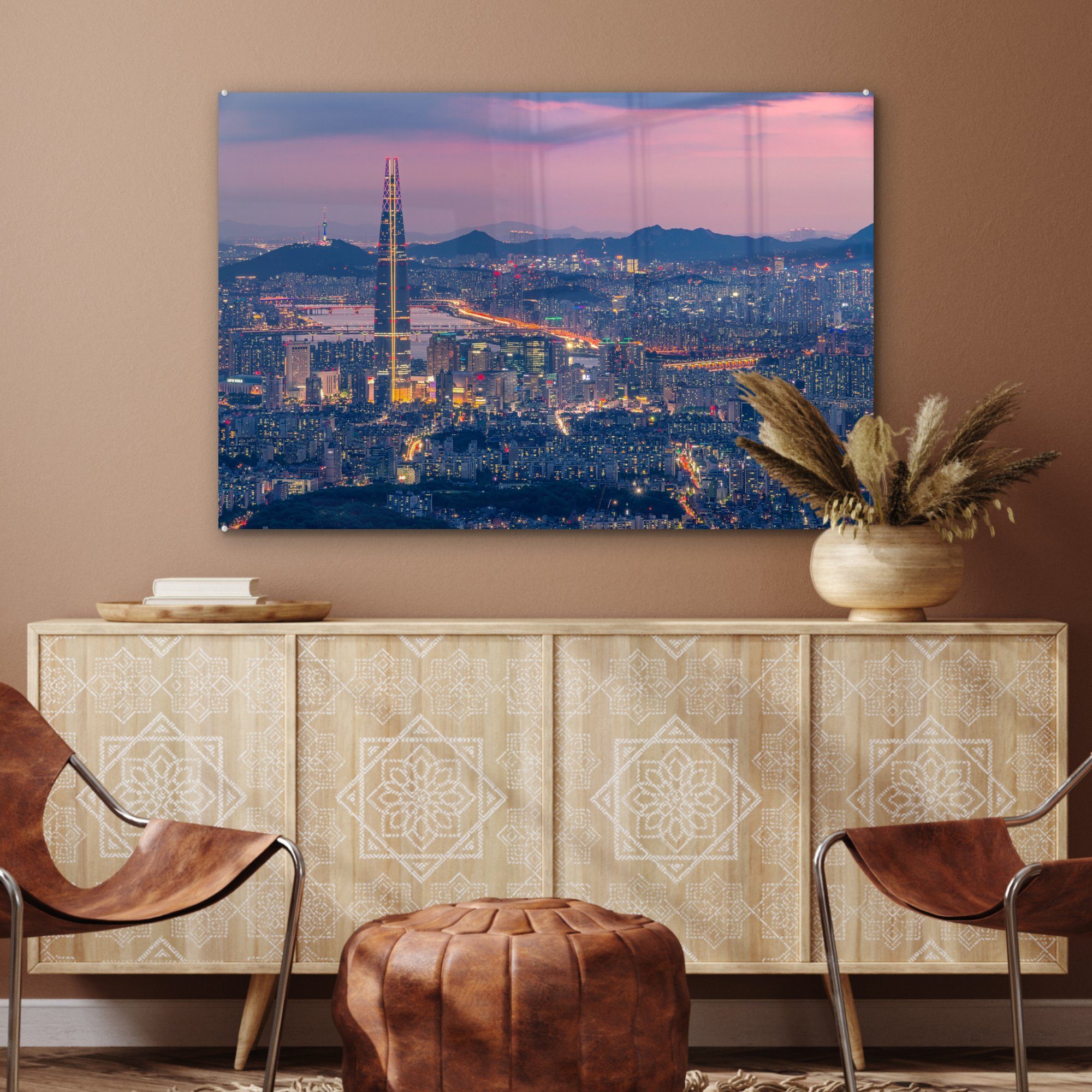 St), hohen & Acrylglasbilder Türmen, Wohnzimmer mit MuchoWow Seoul seinen Blick auf Acrylglasbild (1 Schlafzimmer