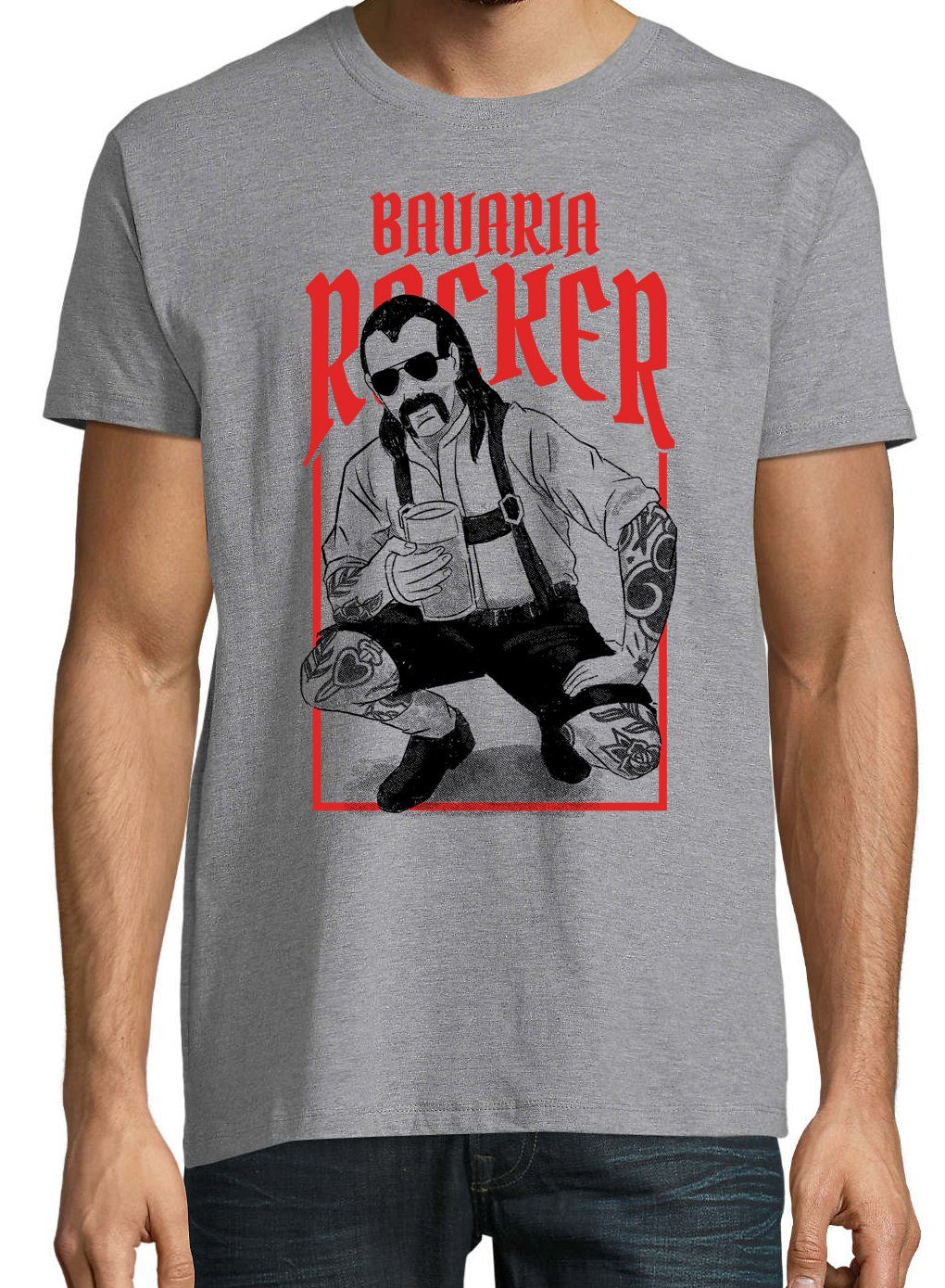 Rocker trendigem Grau T-Shirt Frontprint mit Bavaria Youth Shirt Herren Designz