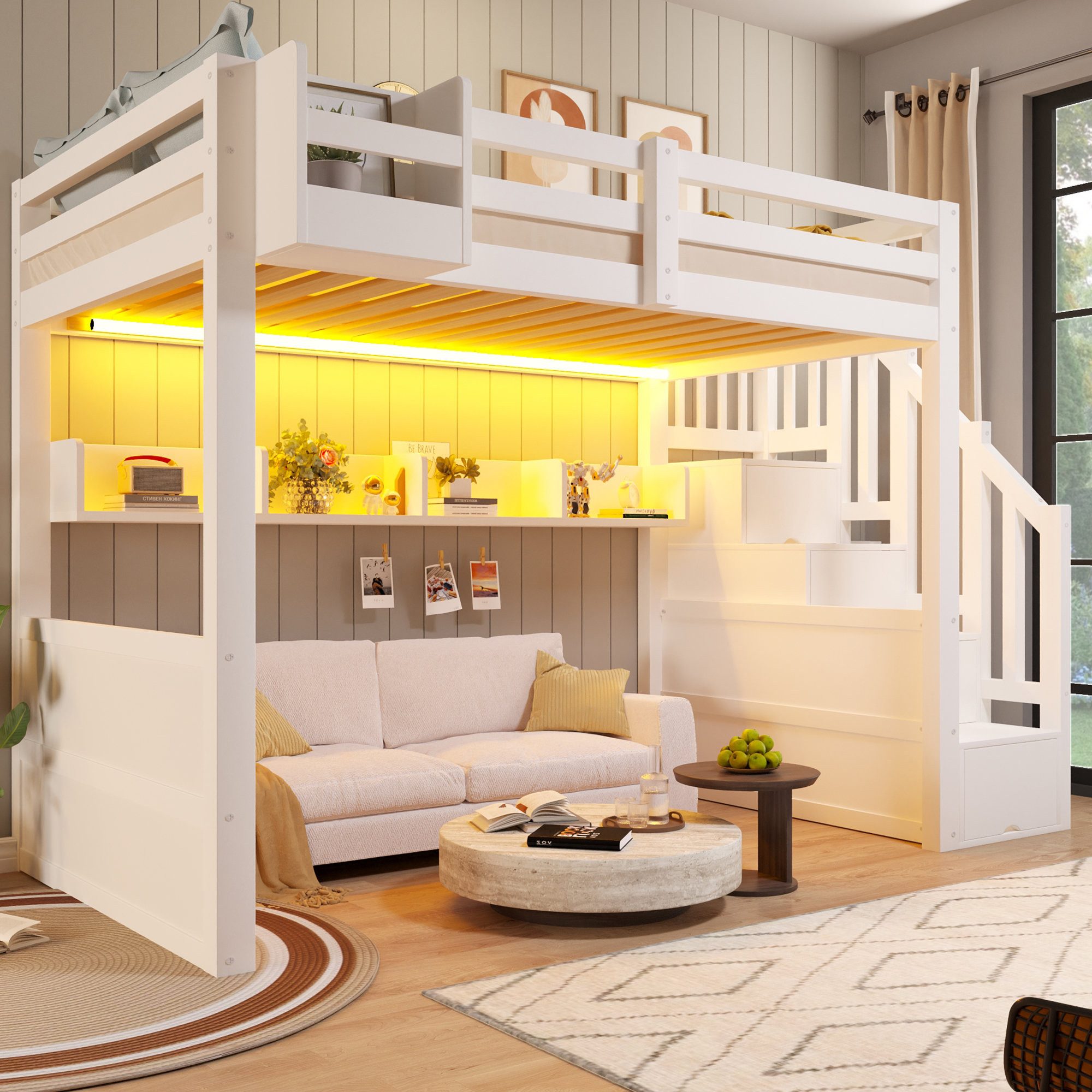 Odikalo Hochbett Jugendbett Einzelbett mit Leitplanke Stauraumschränken LED (90×200cm Bettgestell Treppe mit Stauraum Stabiles Holzgestell(ohne Matratze)