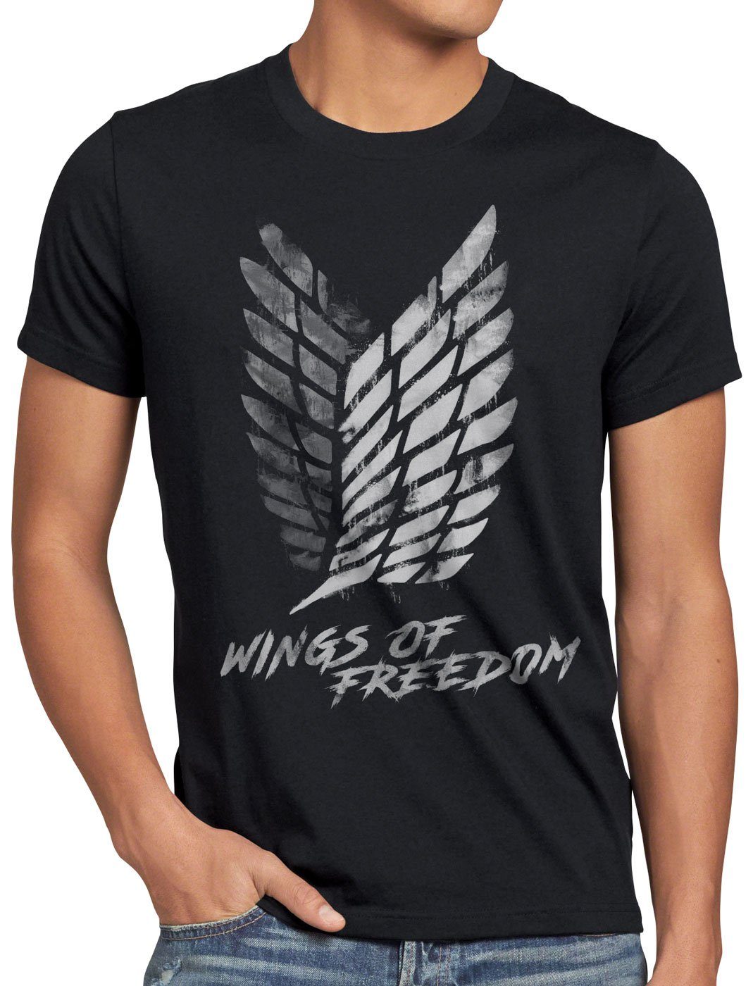 style3 Print-Shirt Herren T-Shirt Wings of Freedom aot attack aufklärungstruppe on titan schwarz | T-Shirts