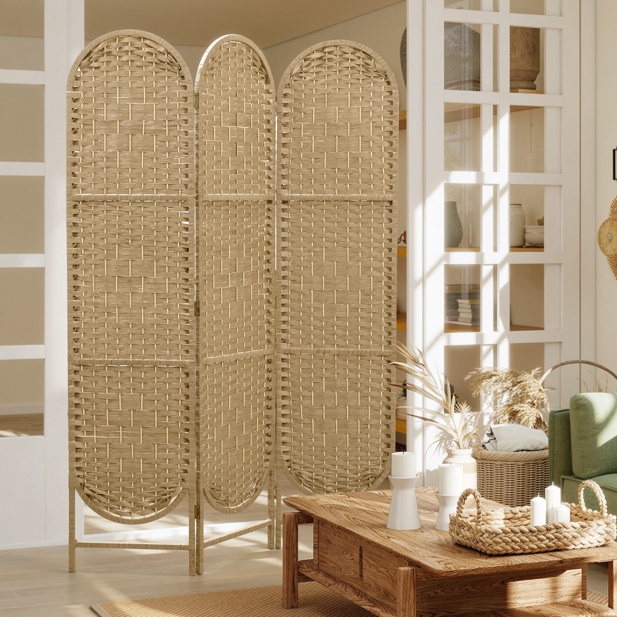 HOMCOM Paravent Freistehend für Wohnräume (Set, 3 St., 3-teilig), 3-teilig, faltbar, Boho, Bogendach