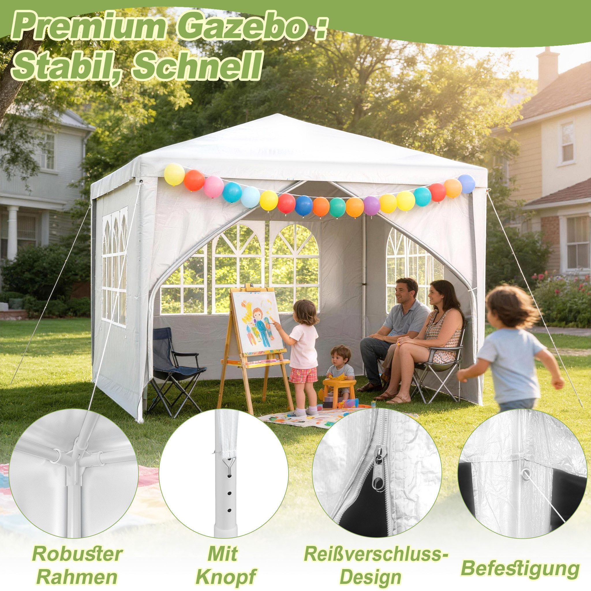 FIVMEN Pavillon Gartenpavillon Partyzelt 3x3/3x6/3x9m Festzelt Bierzelt, mit Seitenwänden Fenster Outdoor Gartenzelt für Party – Bild 3 von 5