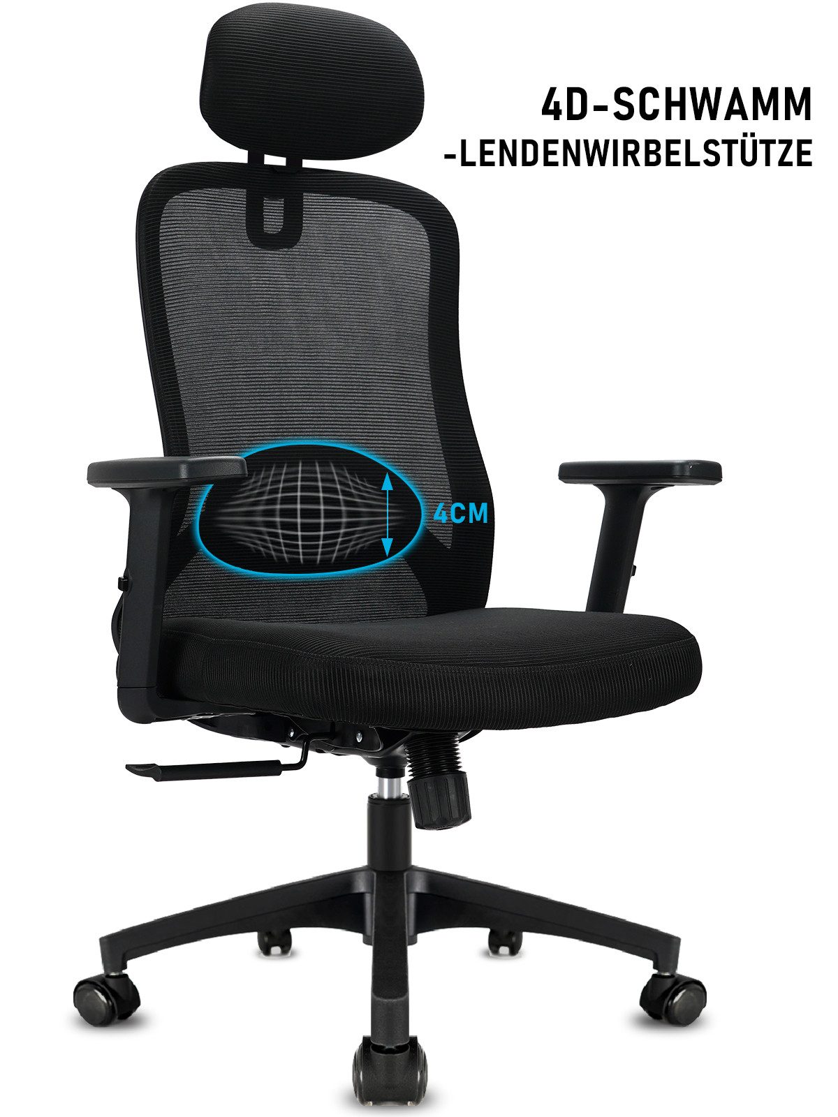 Durrafy Bürostuhl Ergonomischer,Chefsessel mit 4D-Schaumstoff-Lendenwirbelstütze (Wippfunktion 130°und Höhenverstellbar Schreibtischstuhl, Atmungsaktiver Netzbezug), Drehstuhl, Bürostuhl 150 kg, Schwarz