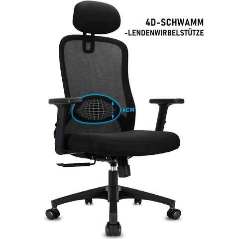 Durrafy Bürostuhl Ergonomischer,Chefsessel mit 4D-Schaumstoff-Lendenwirbelstütze (Wippfunktion 130°und Höhenverstellbar Schreibtischstuhl, Atmungsaktiver Netzbezug), Drehstuhl, Bürostuhl 150 kg, Schwarz