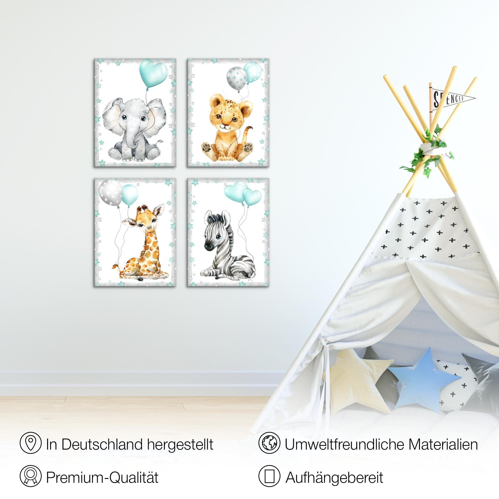 Novart Wandbild Kinderzimmer Wandbilder Set Tiere - 4 Bilder 30x40 cm Aufhängfertig