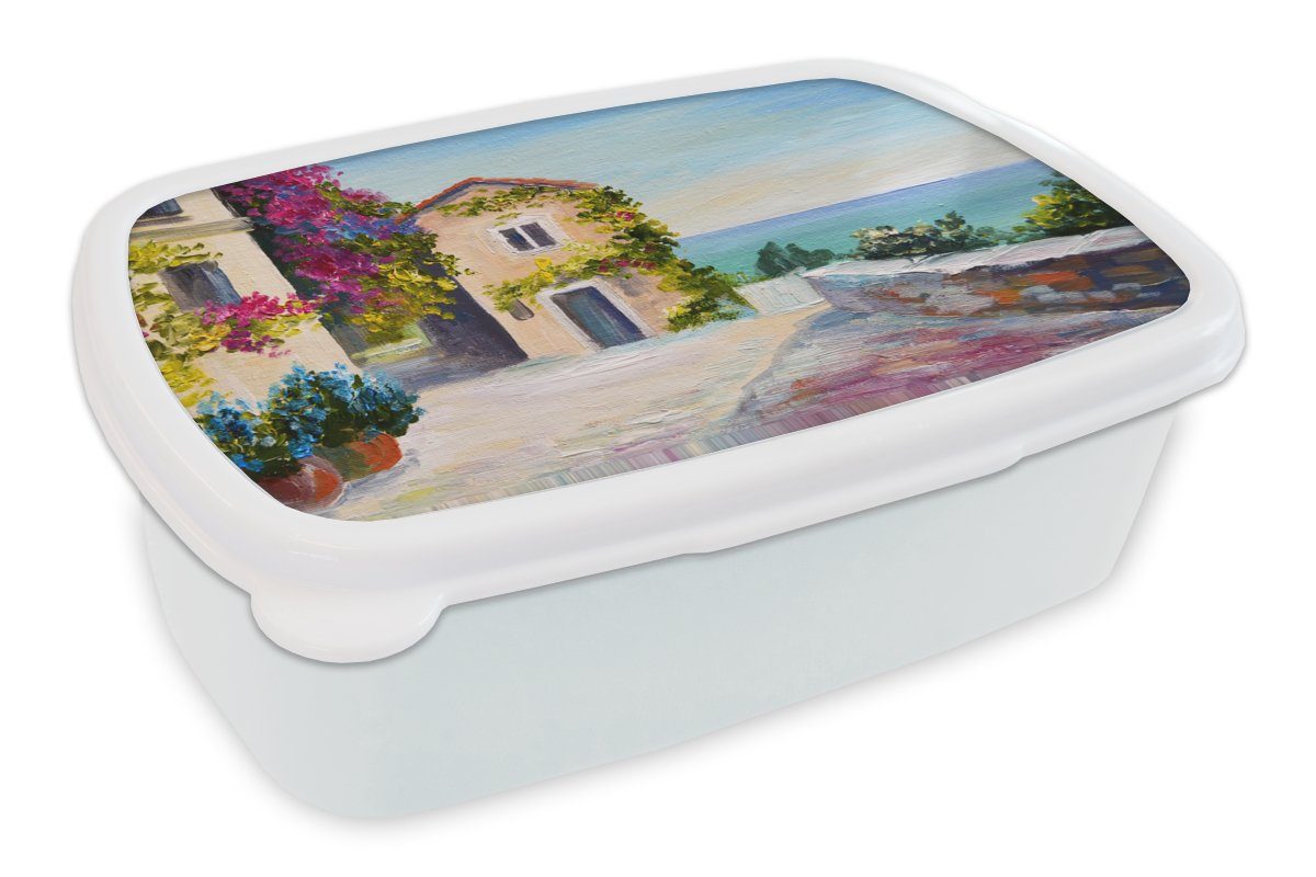 MuchoWow Lunchbox Malerei - Haus - Ölfarbe - Dorf, Kunststoff, (2-tlg), Brotbox für Kinder und Erwachsene, Brotdose, für Jungs und Mädchen weiß