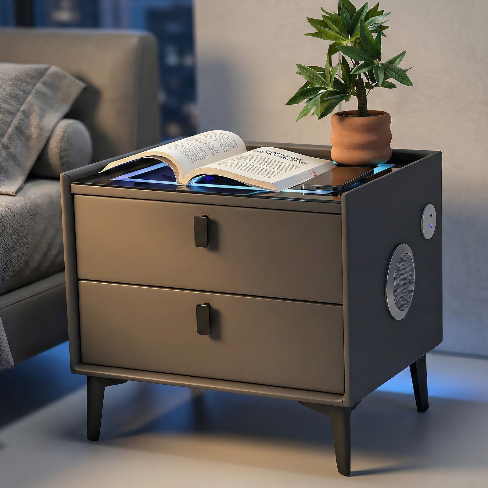 oyajia Nachttisch Nachtschrank mit Bluetooth-Lautsprecher & Kabelloser Ladefunktion (Touch-Bedienung, Elegantes Spiegel-Design), Modern Hochglanz Nachtschrank mit 2 Schubladen