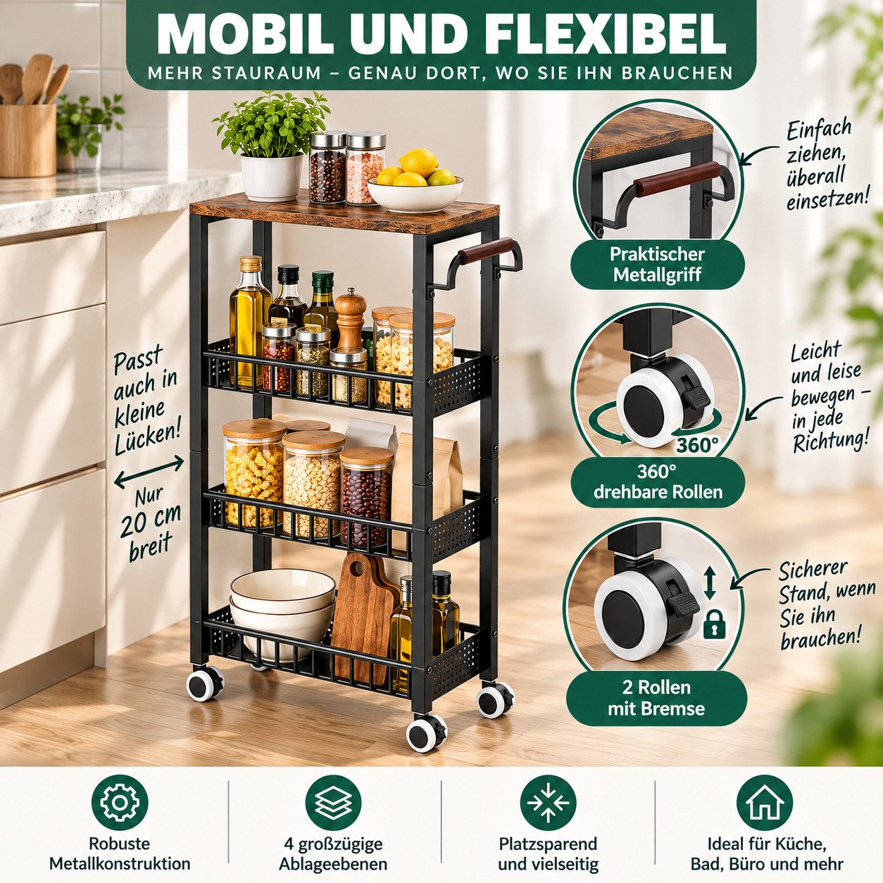 LEMLIT Rollwagen Küchenwagen 4 Etagen Schmal Mit Rollen Und Holzplatte, (1er Set, 1 St., Produktmaße: 40 x 20 x 86,5 cm), 3 Metallkörbe, 2 Bremsrollen, Für Küch – Bild 4 von 5
