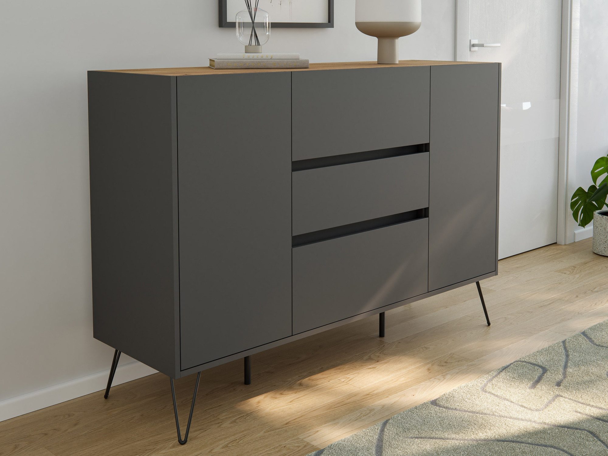 Magnolia Home Sideboard Sideboard Yako XL 140cm 3 SoftClose 2 Türen Grafit/ günstig online kaufen