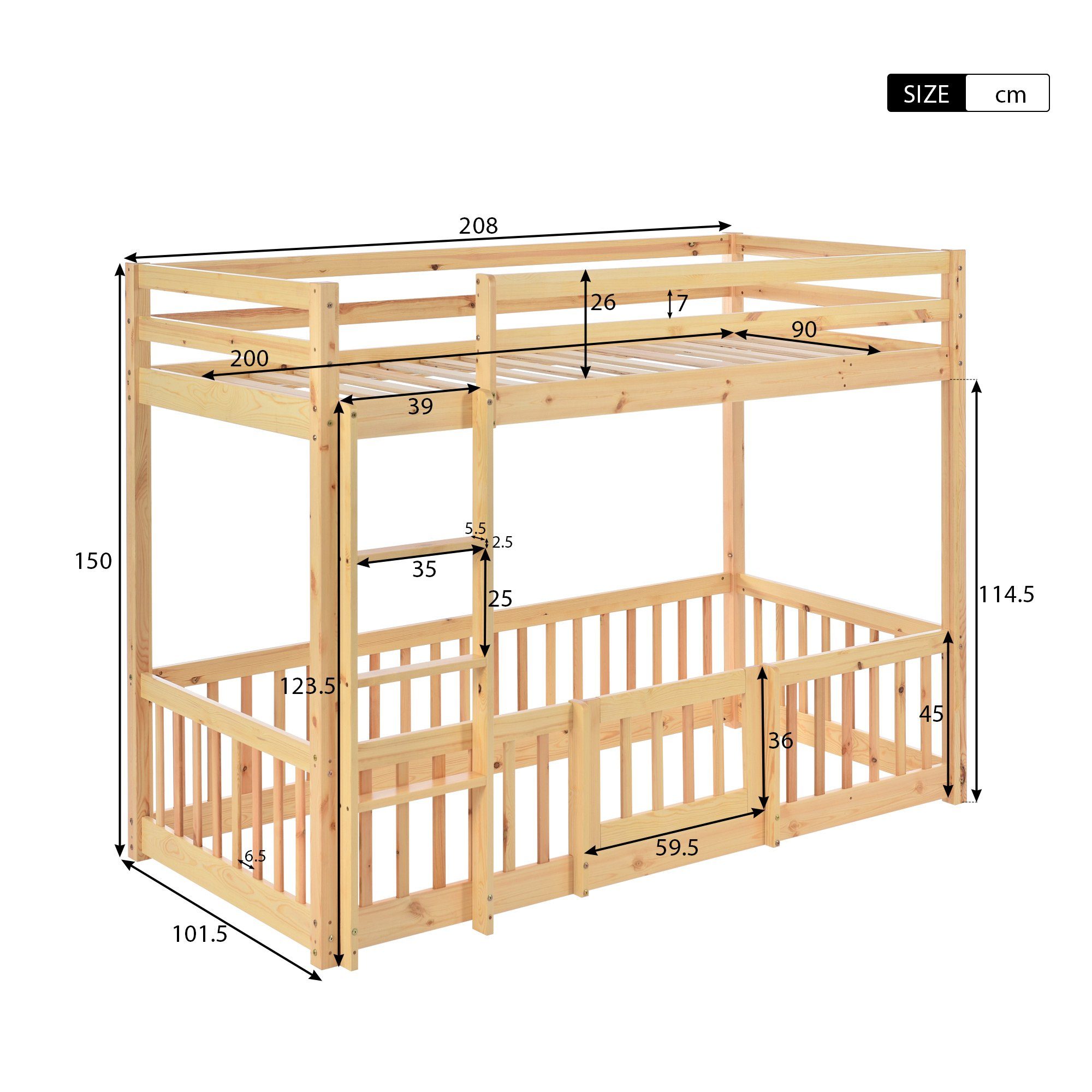 Etagenbett (Hochbett 90x200 cm mit Lattenrost und Rausfallschutz), Kinderbett mit Leiter, Zäune und Tür, aus massivem Kiefernholz
