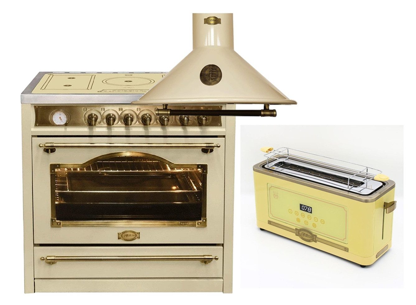 Kaiser Küchengeräte Induktions Herd-Set Elektro Standherd 90 cm, 115 L+Dunstabzugshaube, 90 cm+Retro-Toaster, 6 verschiedene Toaststufen für beste Ergebnisse HC 93655 IElfEm+A 9423 ElfBE ECO+T 4000 ElfEm, mit 1-fach-Teleskopauszug