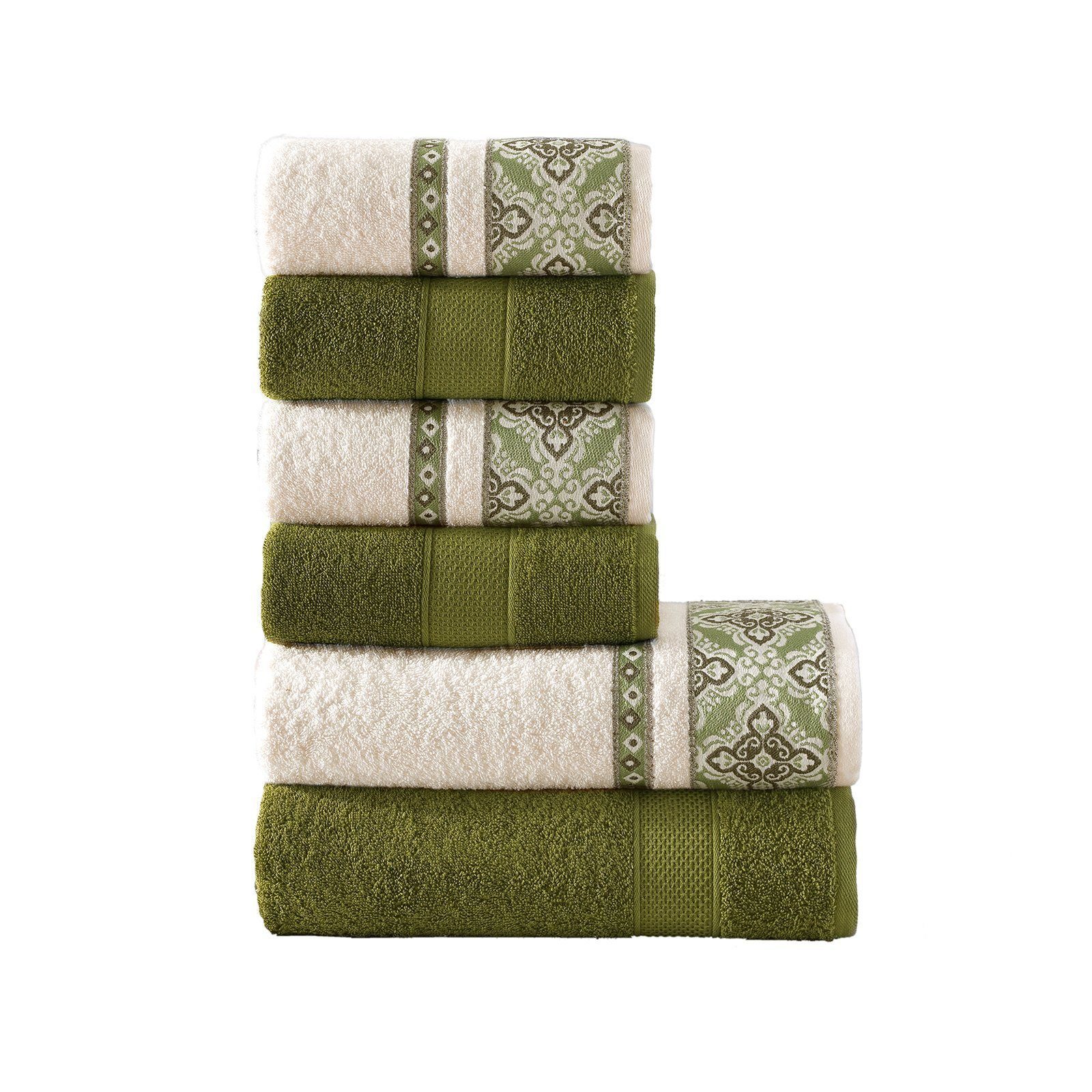 CLASS HOME COLLECTION Handtuch Set 6 TLG Frottee Set Handtuch Duschtuch 100% Baumwolle Jacquard Bordüre, (Set), Dekorative Bördüre Grün