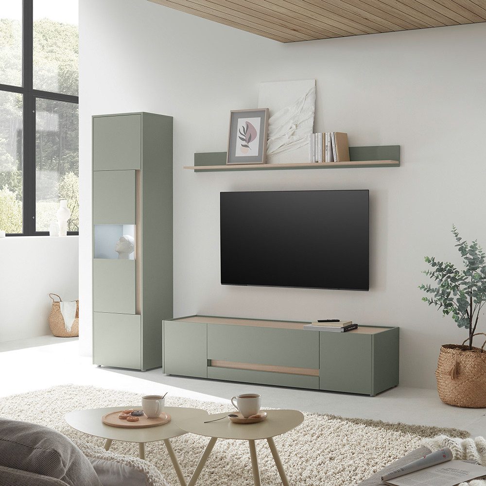 Lomadox Wohnzimmer-Set CRISP-61, (Mega-Spar-Set, 3-St., Vitrinen Lowboard Wandboard), grün mit Eiche Nb., grifflos, viel Stauraum, Beleuchtung