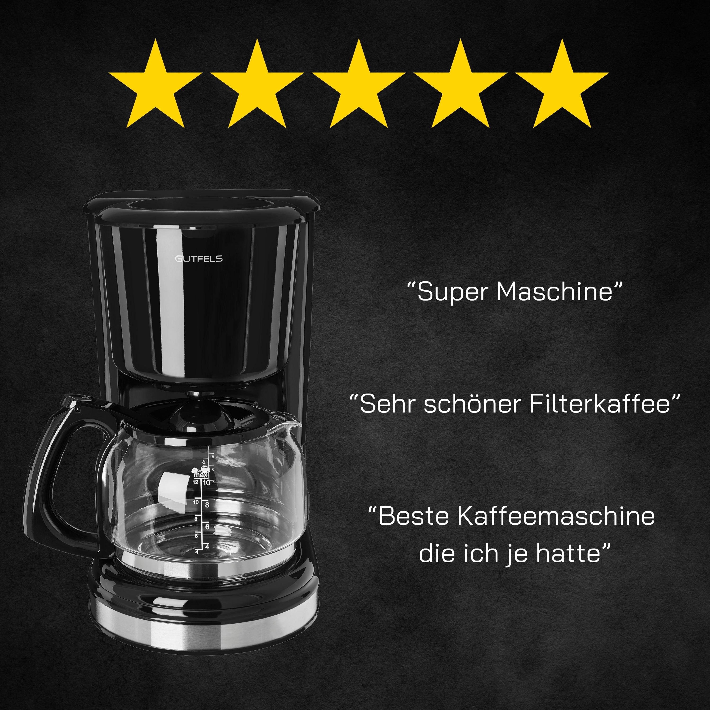 Gutfels Filterkaffeemaschine COFFEE S, 12 bis Kaffee Tassen aromatischer 1x4, Herausnehmbarer 2010 Papierfilter, zu Filtereinsatz