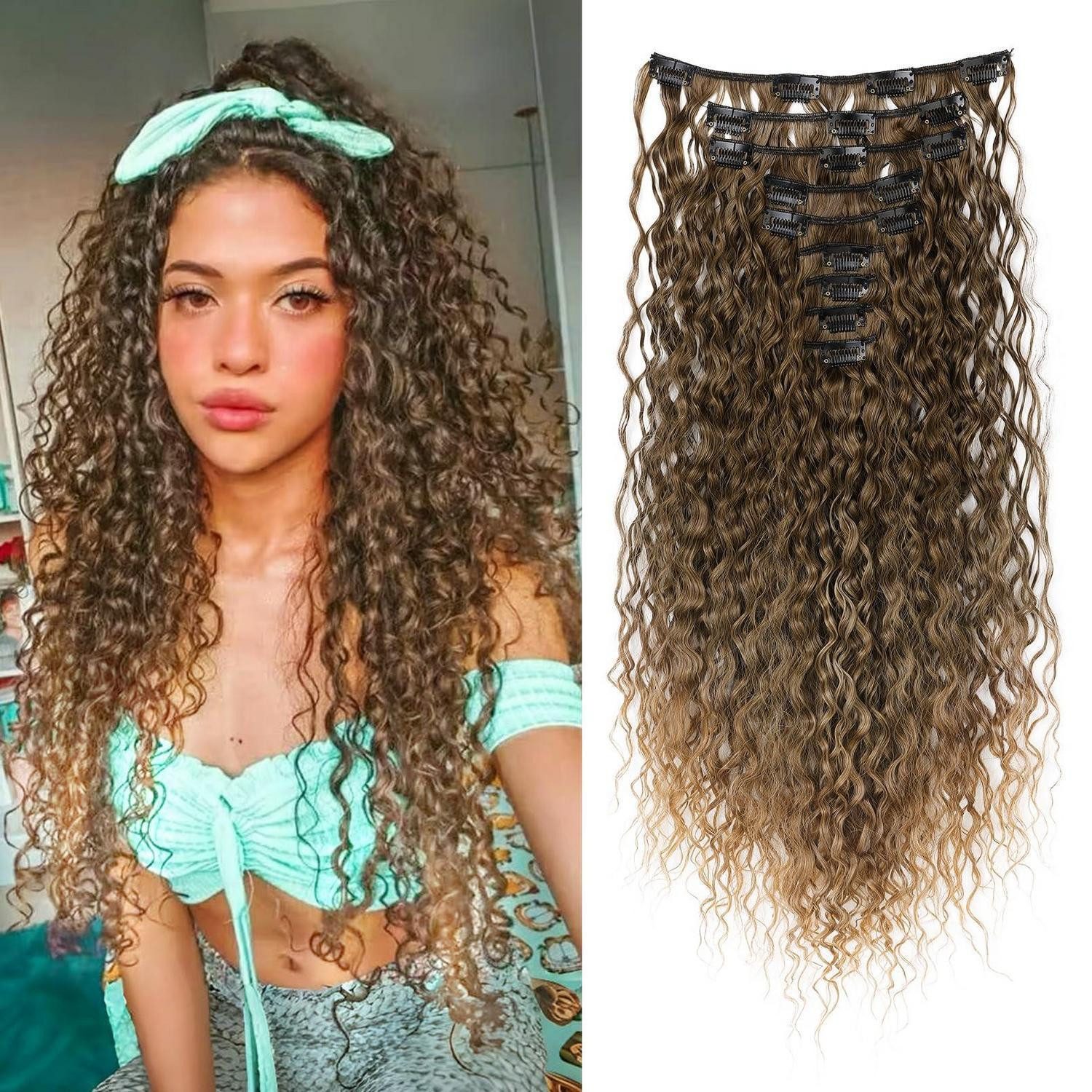 LuxusKollektion Kunsthaar-Extension Clip in Haarverlängerungen 9er Set 22 Inch lockig 56 CM Dunkelblond
