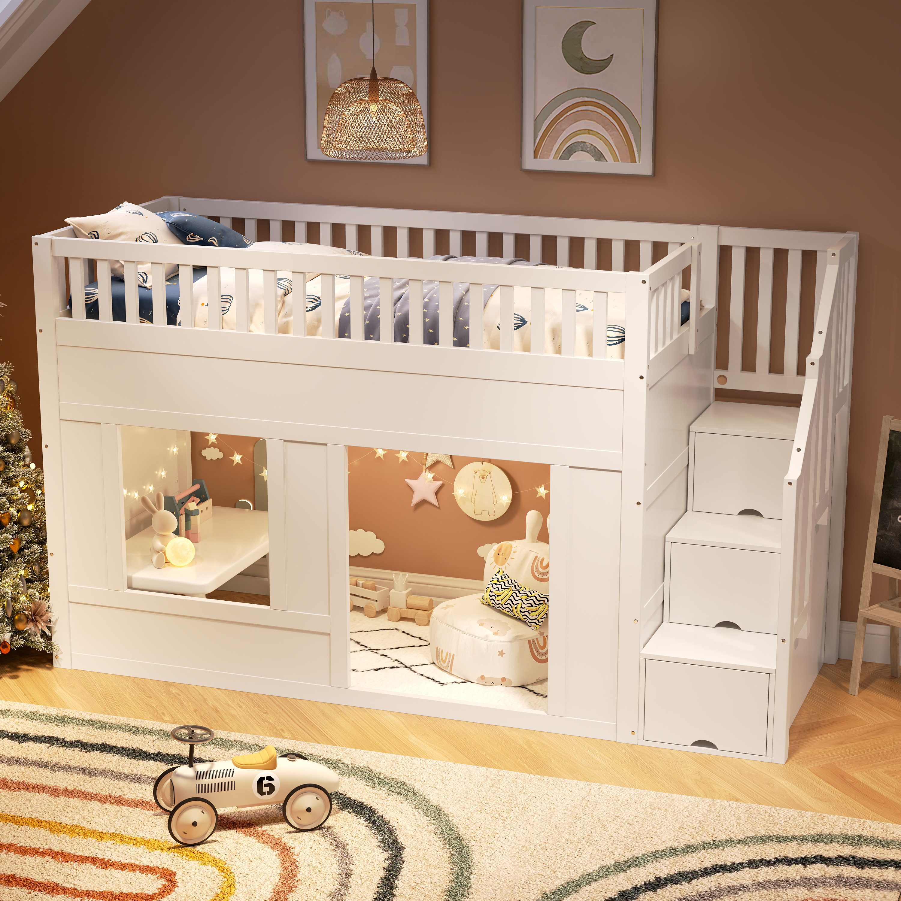 STILVORA Hochbett 90x200 mit Treppenschrank,Jugendbett Holzbett mit Gelände günstig online kaufen