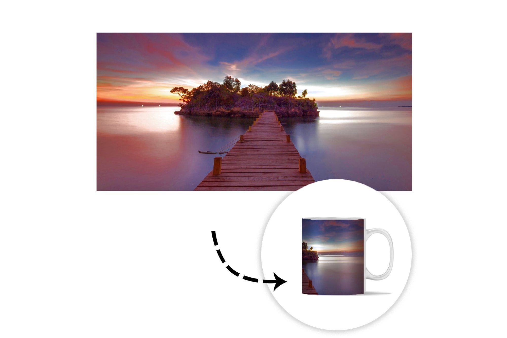 MuchoWow Tasse Sonnenuntergang - Brücke Teetasse, - Teetasse, Kaffeetassen, Wasser Bäume Insel, Becher, Keramik, - - Geschenk