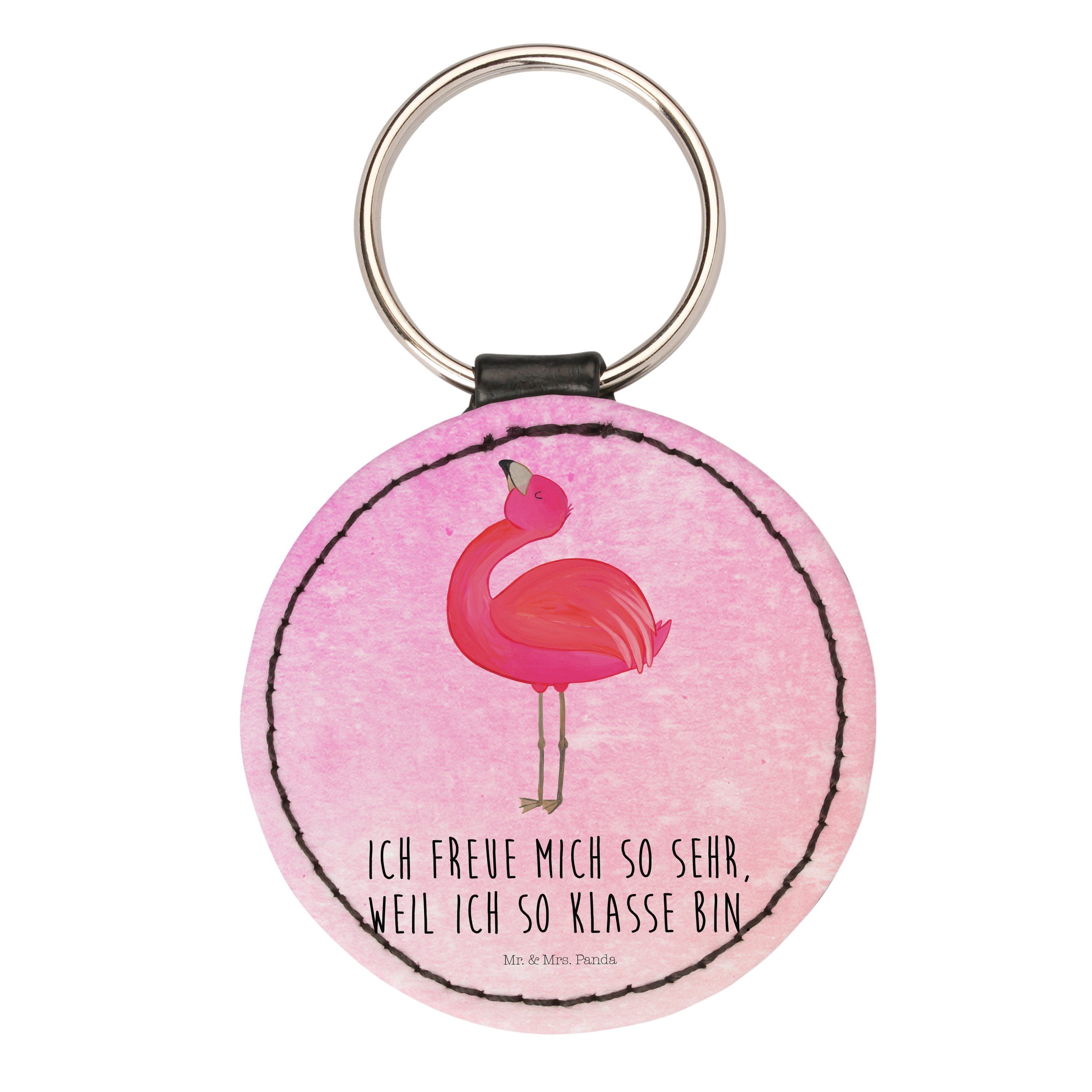 Mr. & Mrs. Panda Schlüsselanhänger Flamingo stolz - Aquarell Pink - Geschenk, rosa, Anhänger, Schutzenge (1-tlg)