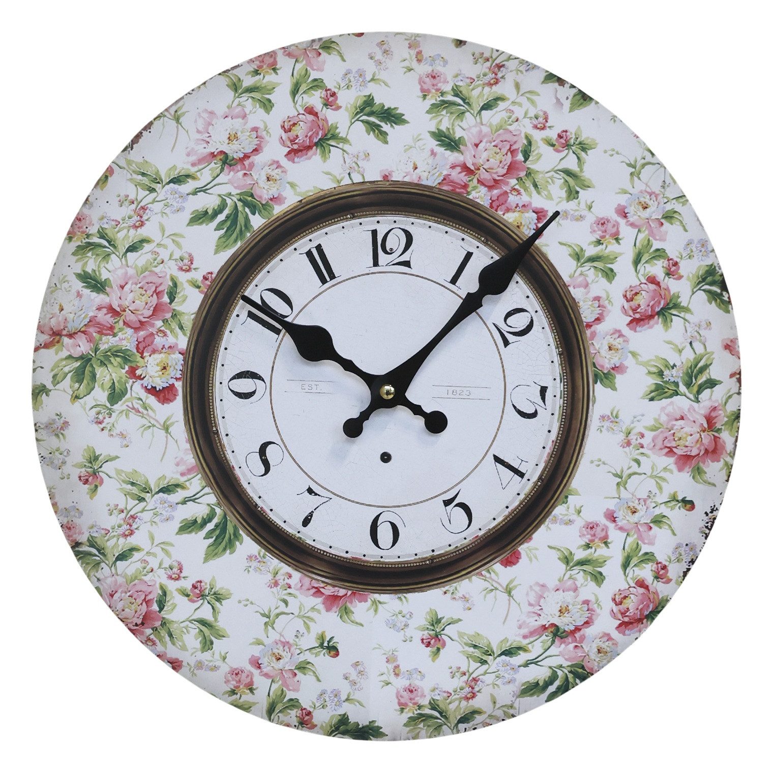 Chic Antique Wanduhr Chic Antique - Nostalgie Wanduhr Uhr Ø 33cm Blumendekor Holz Retro