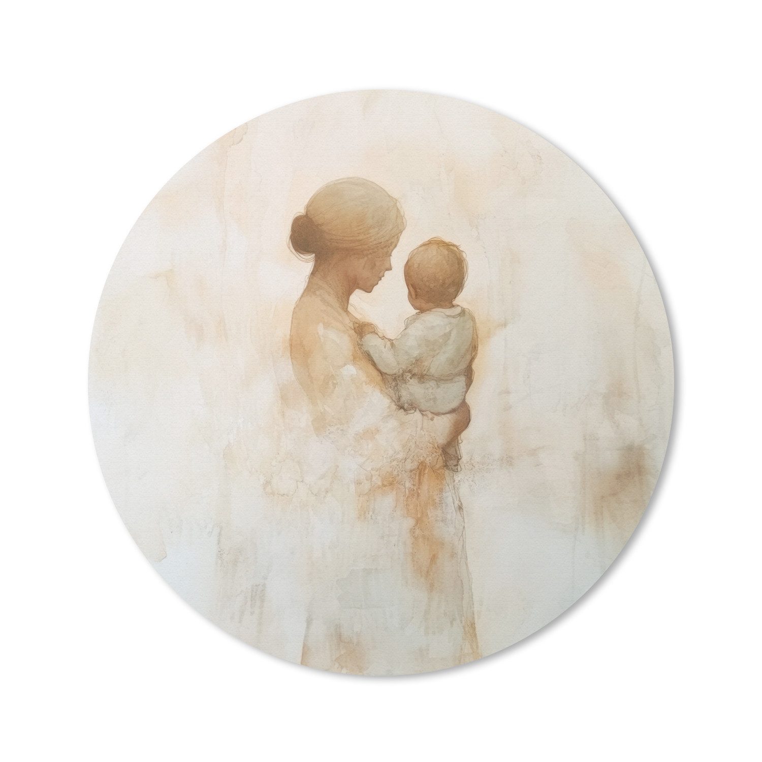 MuchoWow Mauspad Kind - Mutter - Aquarellmalerei (1-St), Mousepad mit Rutschfester Unterseite, Gaming, Rund, 30x30 cm