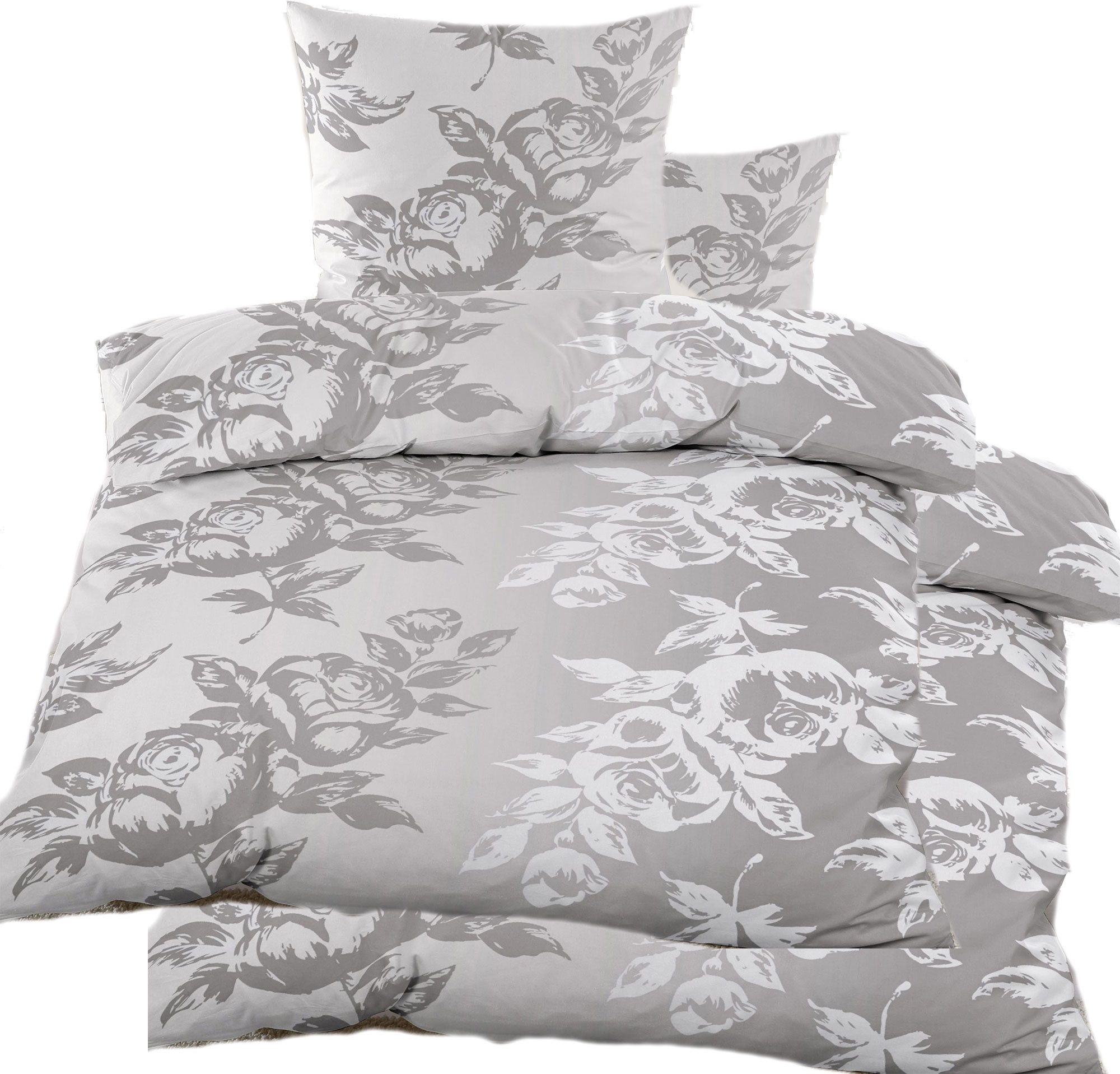 KH-Haushaltshandel Bettwäsche 4-tlg. Biber Winter Bettwäsche 2x(135x200 + 80x80cm), Blüten, Biber, 4 teilig, grau weiß, warm, flauschig weich, Baumwoll Mischgewebe