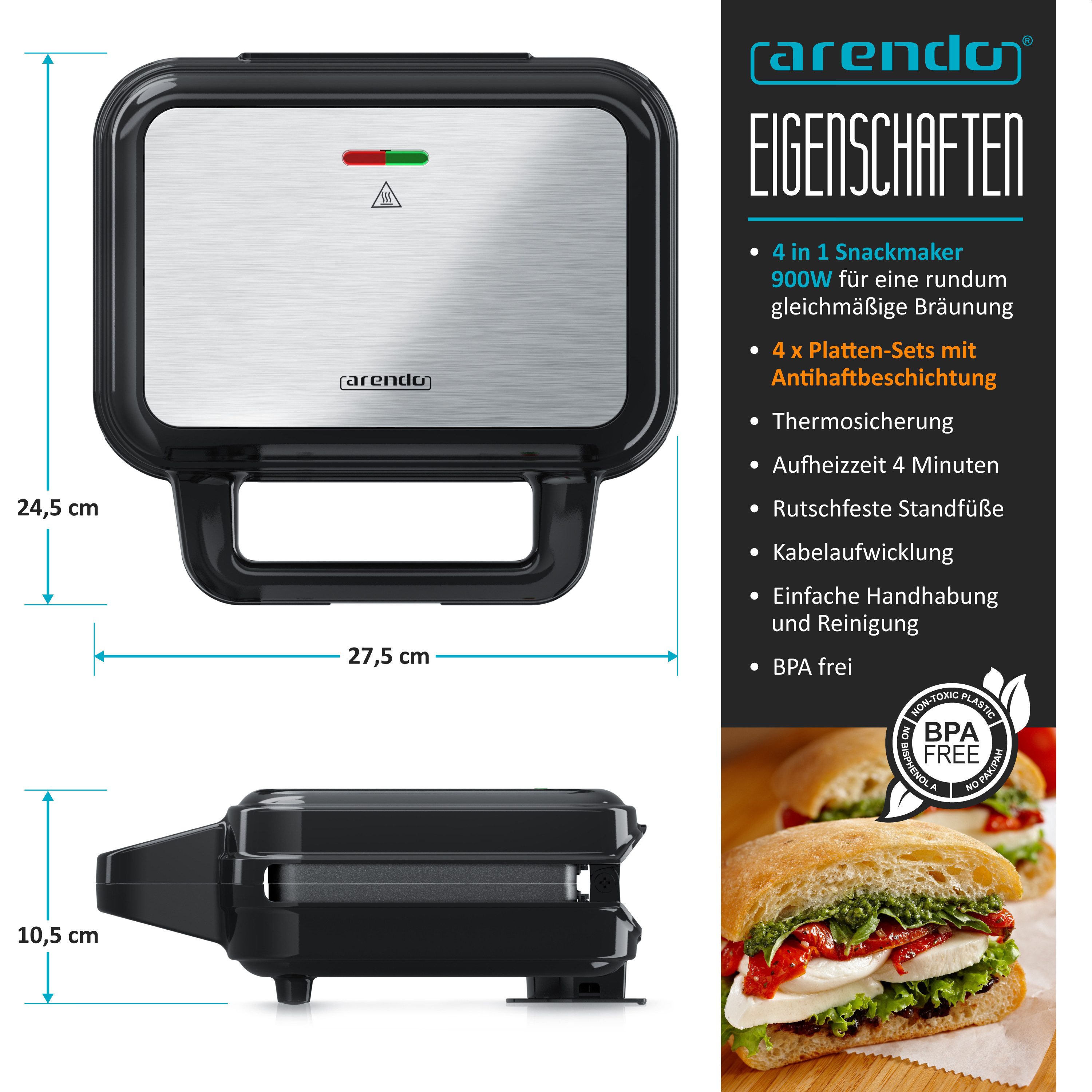 Arendo 3-in-1-Sandwichmaker 4in1 Sandwich Maker, Waffeleisen, Panini Grill, Temperaturkontrolle, 900 W, Kabelaufwicklung, Antihaftbeschichtung, Anti-Rutsch-Füße