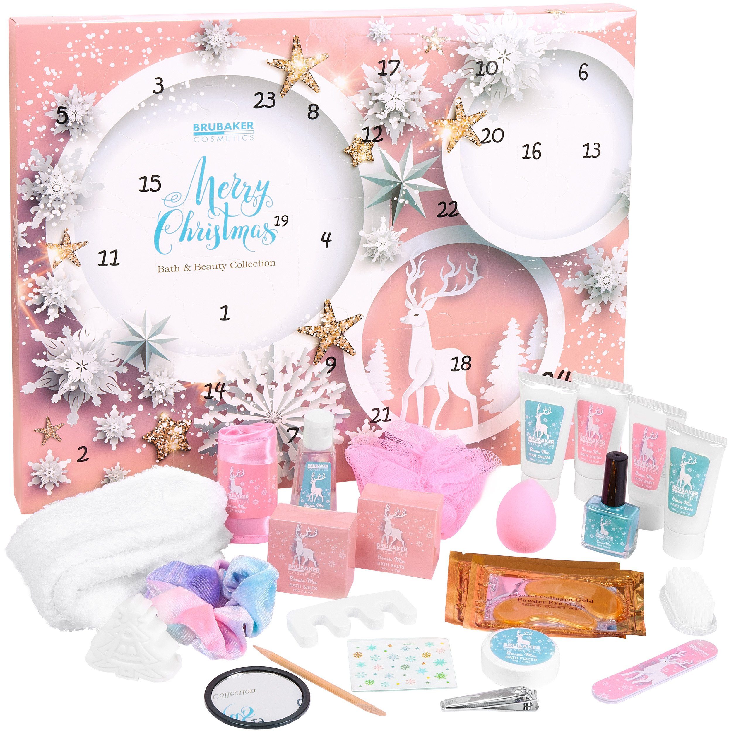 BRUBAKER Adventskalender XXL Beauty Weihnachtskalender - Sterne und Schneeflocken - Rosa (Pflege Produkte & Spa Accessoires, 24-tlg), Wellness Kalender Weihnachten für Frauen und Mädchen