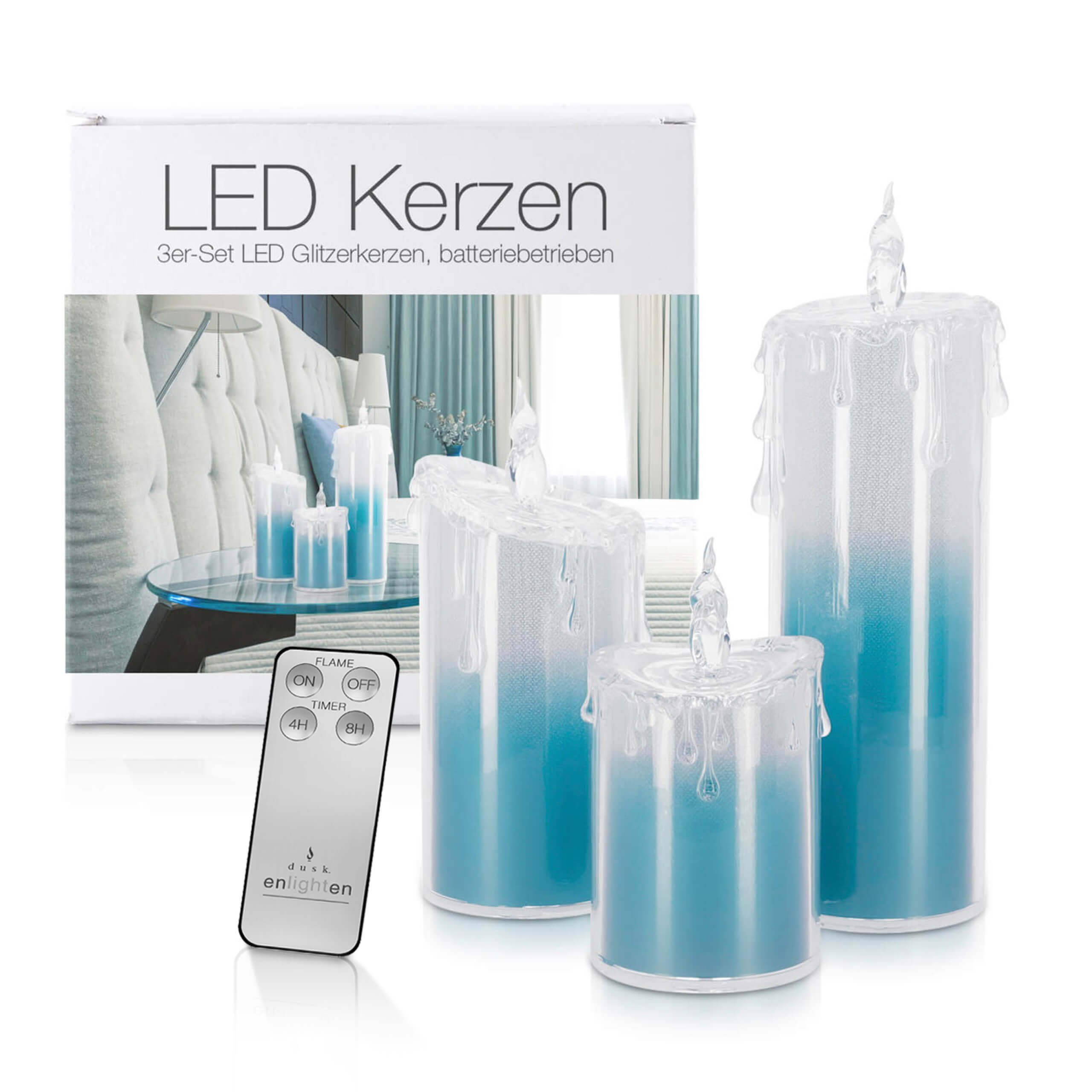LED Universum LED-Kerze LED Acryl Glitzer Kerze Blau 3er Set "Liza" inkl. Fernbedienung und