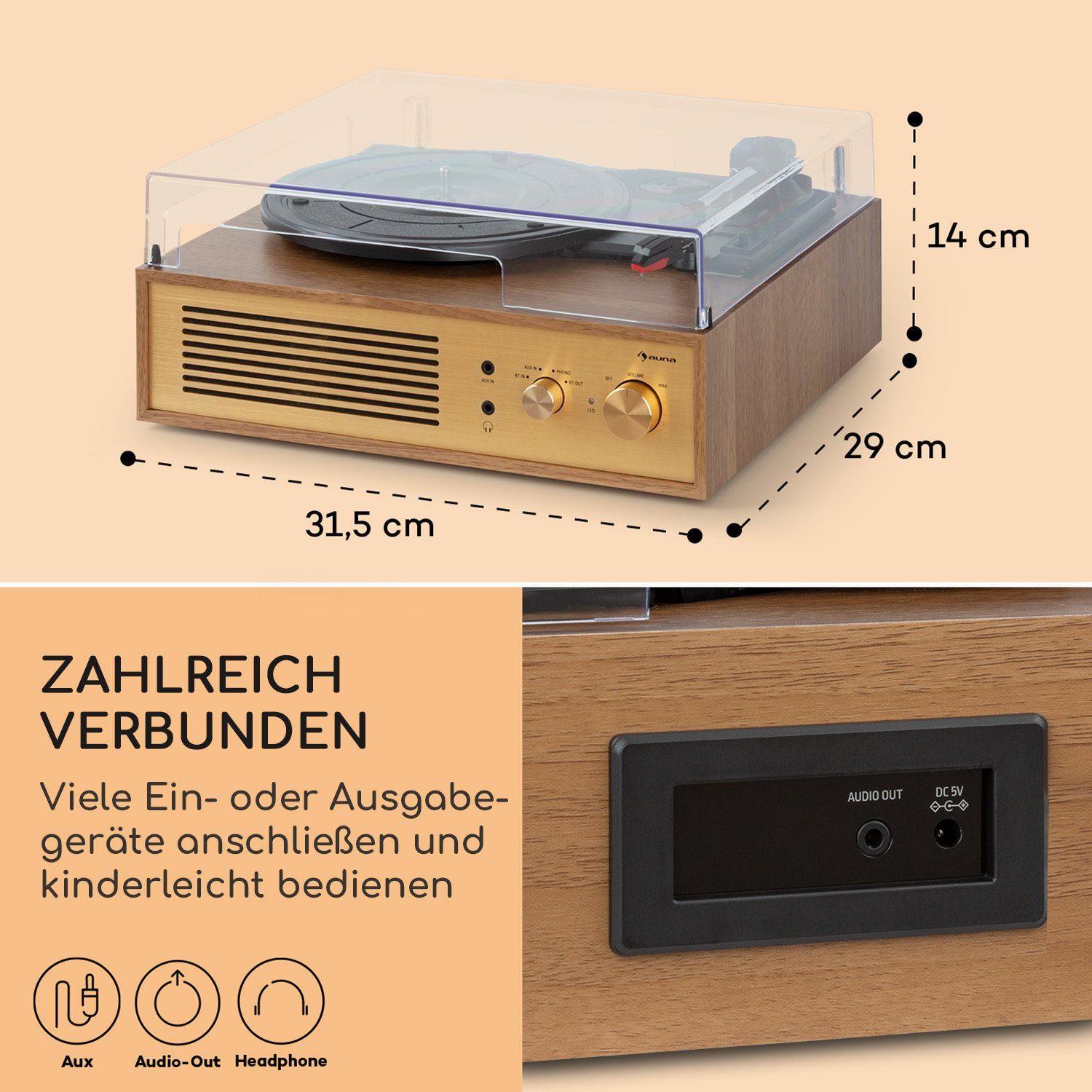 Auna Berklee TT Classic Plattenspieler (Riemenantrieb, Braun Bluetooth)