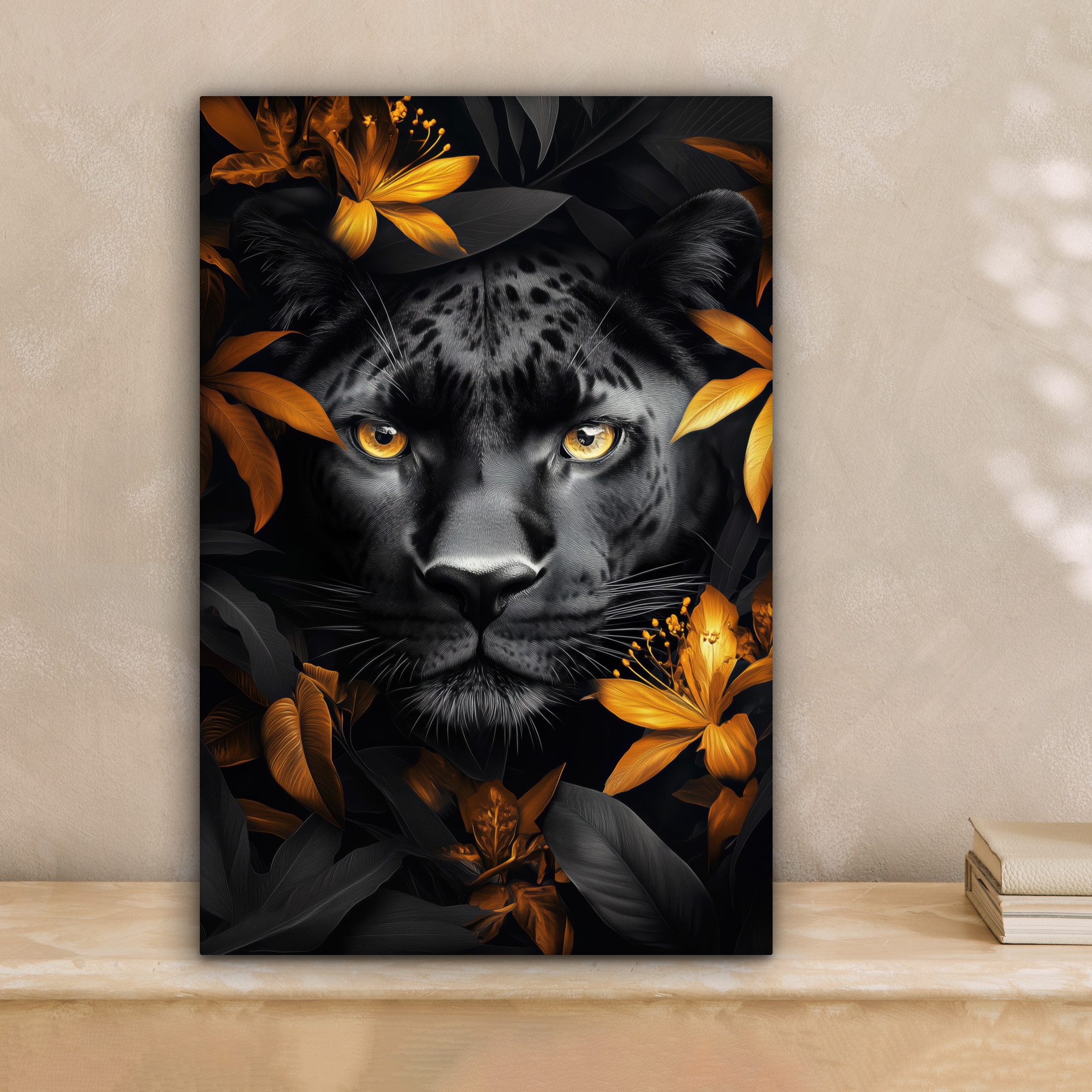 OneMillionCanvasses® Leinwandbild Schwarzer Panther - Blumen - Gold - Natur günstig online kaufen