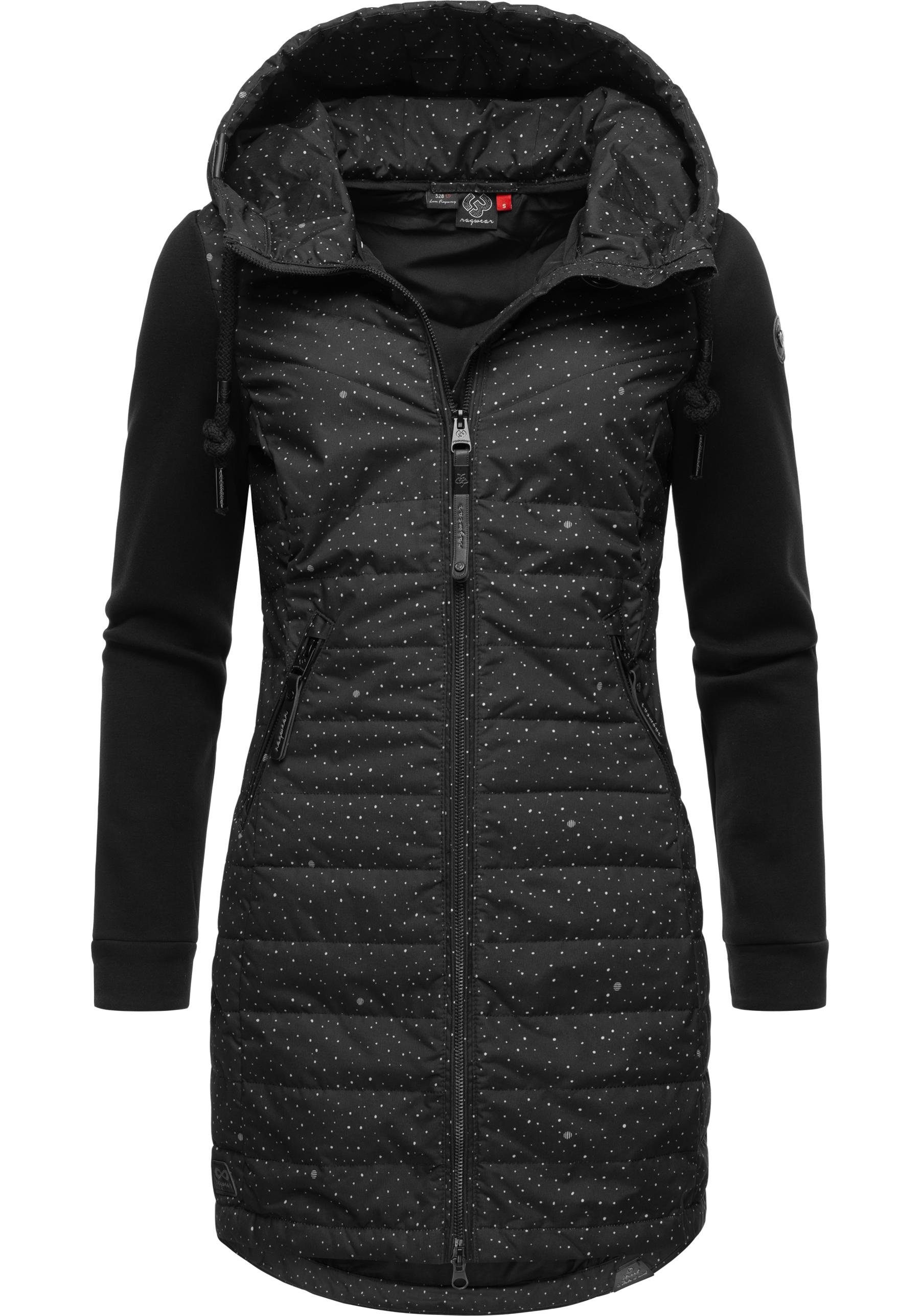 Ragwear Outdoorjacke mit Long modernem Steppjacke Print Lucinda aus schwarz Kapuze Materialmix