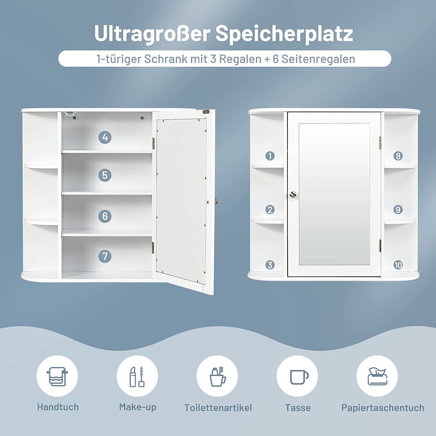 COSTWAY Spiegelschrank Badezimmerschrank mit Spiegeltür&Ablagen, hängend weiß – Bild 4 von 5
