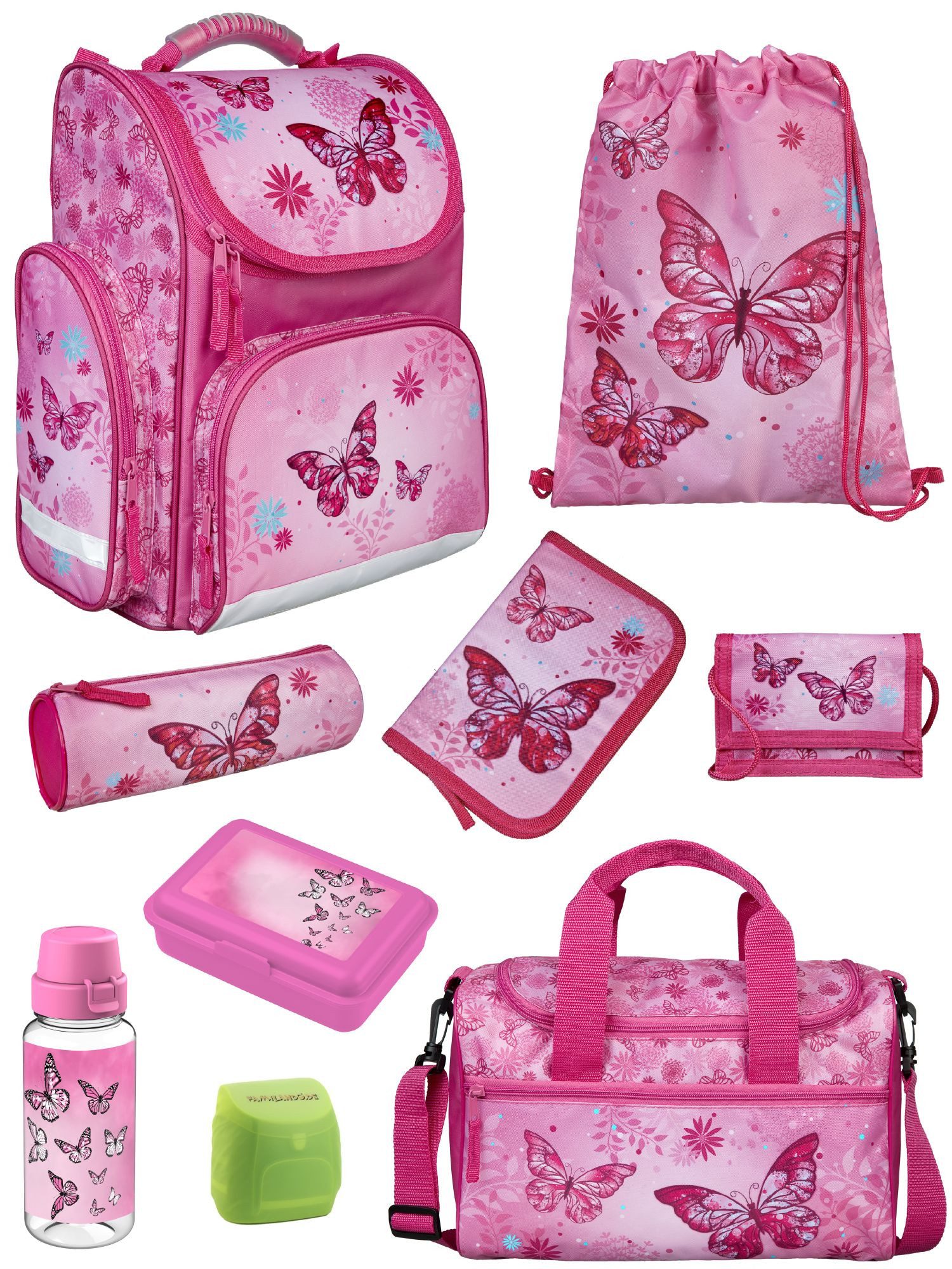 Familando Schulranzen Clou Schmetterling Schultasche, Butterfly rosa, ab 1. Klasse (Erweitertes Set, 9-tlg., mit Lunch-Set und Sporttasche), kompakt, mit 2-Wege Reißverschluss