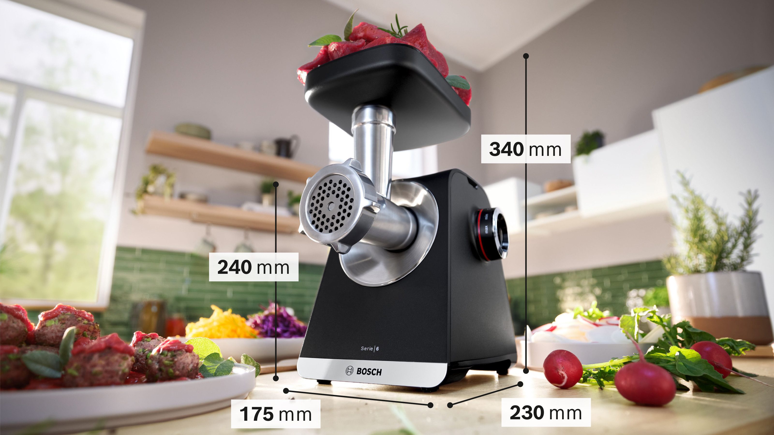BOSCH Fleischwolf Serie 6 MFWS650B, 3,5kg/Min., 2 Lochscheiben (3 & 8mm), schwarz, 500 W, 2 Stufen, Rücklauf, Wurststopfer, 10 J Motorgarantie, Planetengetriebe