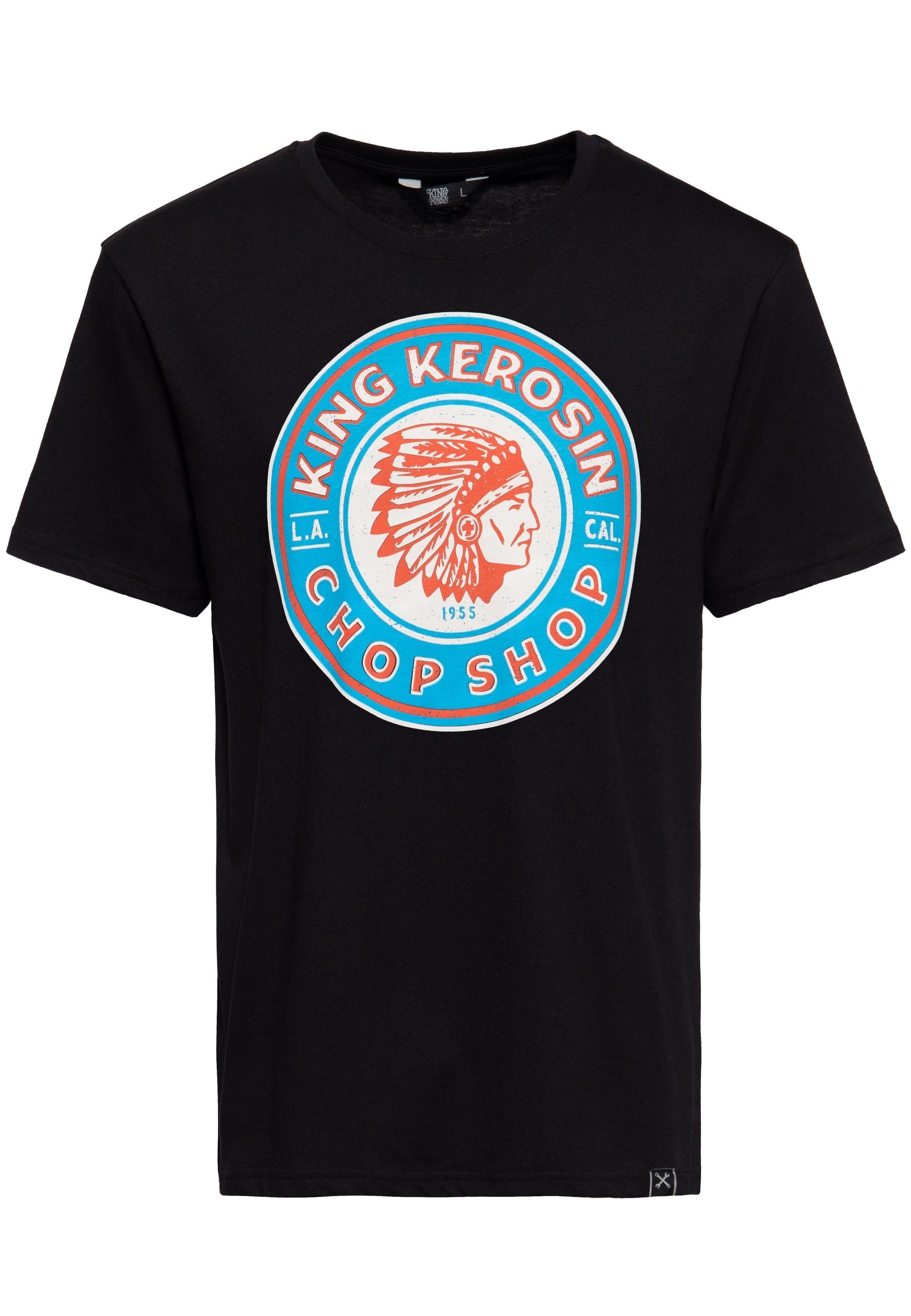 KingKerosin Print-Shirt Chop mit Print Front plaktivem schwarz Shop (1-tlg) Retro