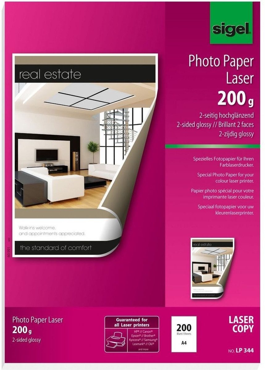 Sigel Fotopapier Photo-Papier für Farb-Laser/-Kopierer A4 200g/qm 200 Blatt 2seitig glo