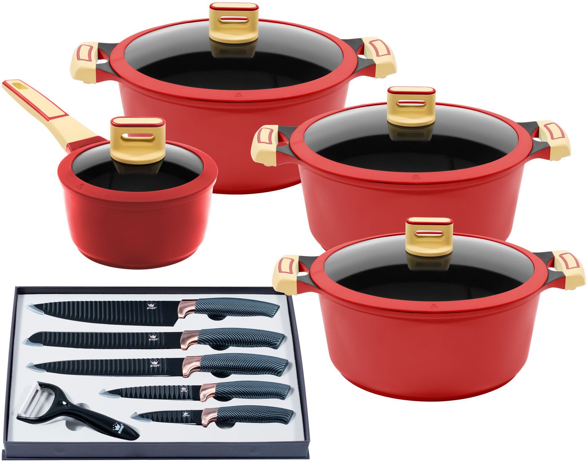 Induktion Töpfe, KING 14-tlg), cm, 16/18/20/24 GOURMET, rot (Set, Ø Antihaft-Beschichtung, Aluminiumguss 7 Topf-Set