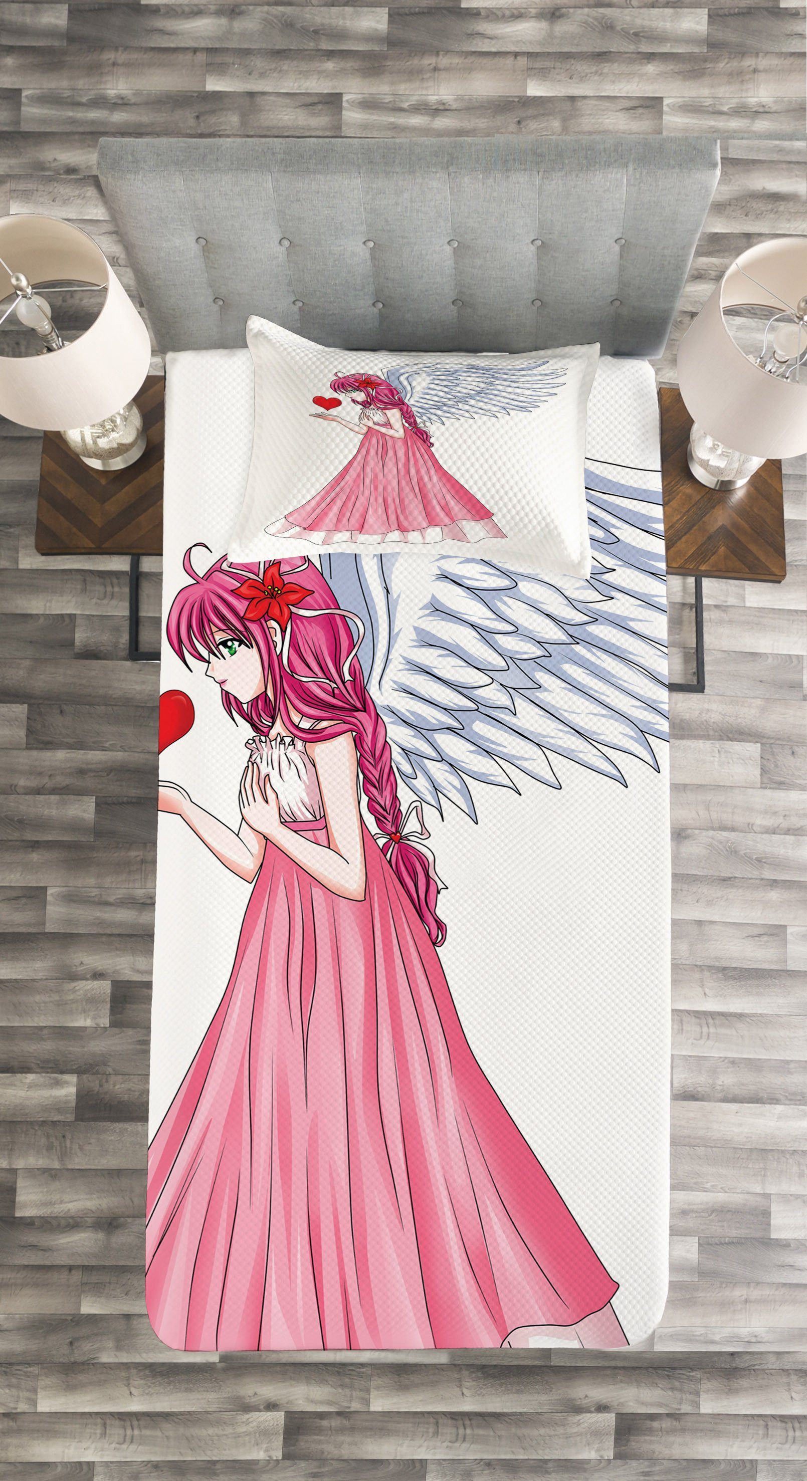 rotes Anime Tagesdecke Kissenbezügen Set Herz Abakuhaus, mit Engel, ein Waschbar, der