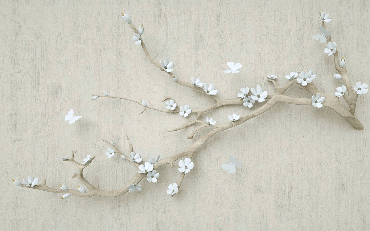 Papermoon Fototapete Blumen mit Schmetterlingen weiß | Fototapeten