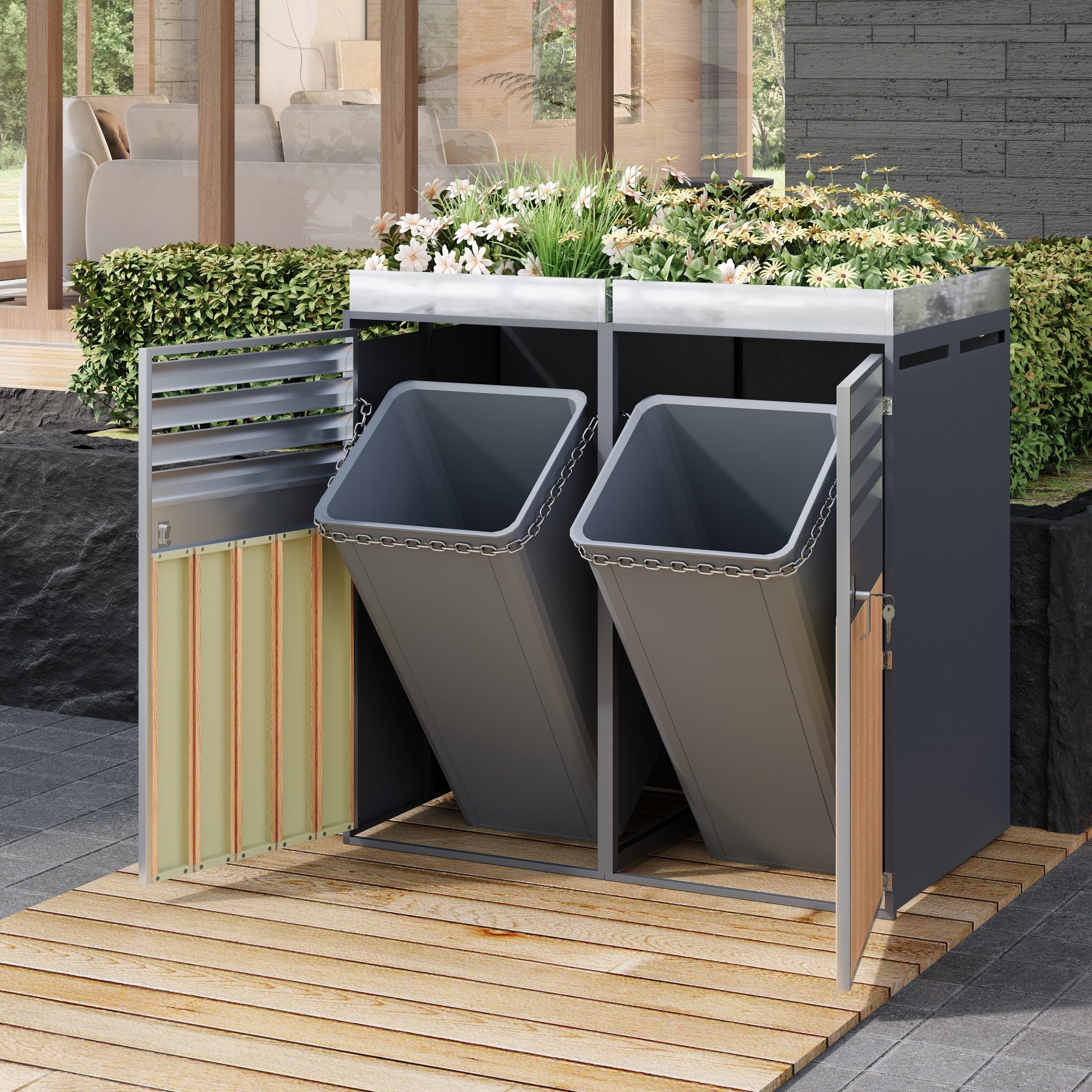 STILVORA Mülleimer mit Lamellen Mülltonnenbox mit trash storage compartments Pflanzfläche, integriertem Blumentrog und Mülltonnenschrank