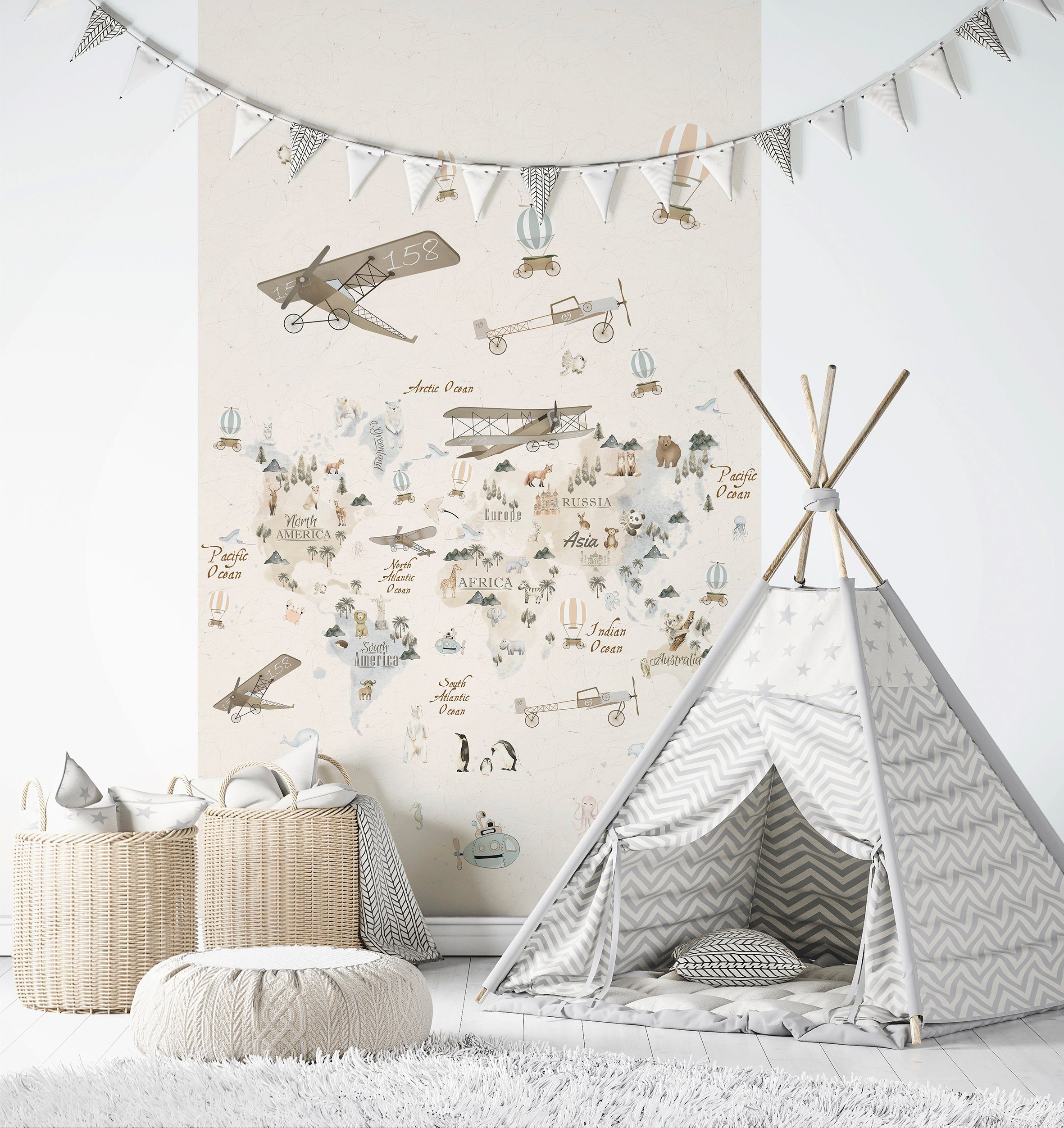Marburg Kindertapete, matt, (1 St), Weltkarte, moderne Tapete für Wohnzimmer Schlafzimmer Küche