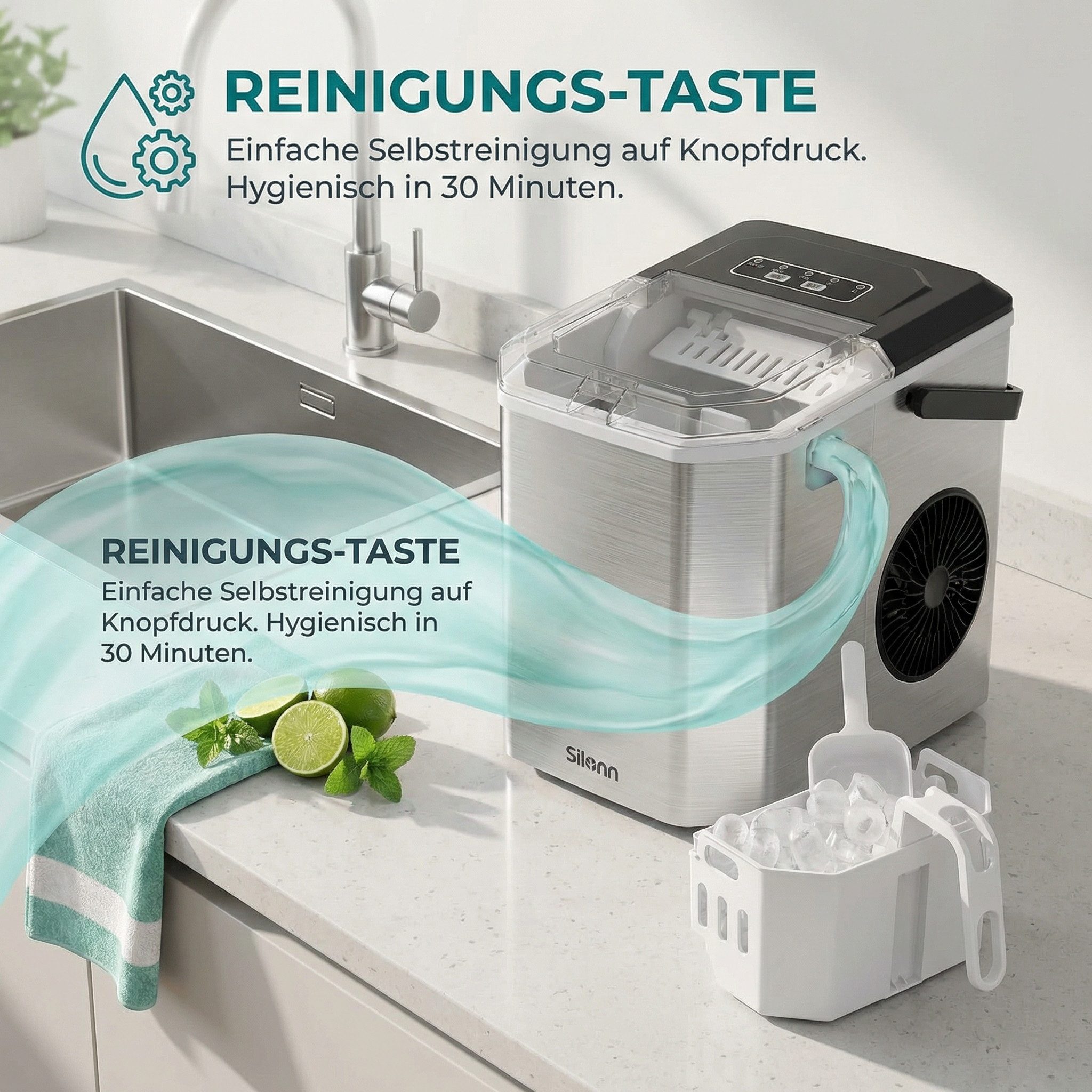 Silonn Eiswürfelmaschine 9 Würfel in 6 Min, 12 kg/Tag, 2 Eisgrößen, Eiswürfelbereiter, Tragbar, Selbstreinigend, Energiesparend, ≤ 45 dB - Für Haushalt, Camping – Bild 5 von 5