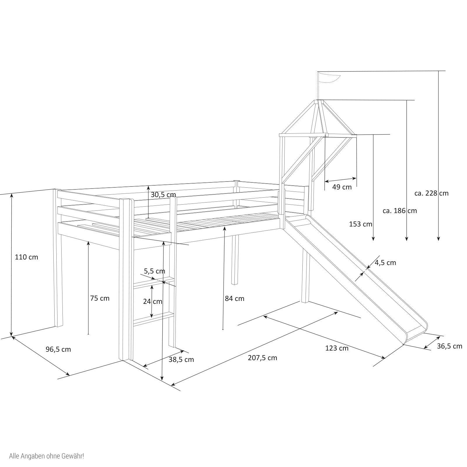 Homestyle4u Hochbett 90x200 cm Grau mit Vorhang Sterne für 1 Kind Kiefer Massiv (Komplett-Set mit Lattenrost, mit Rutsche, mit Tunnel, mit Turm, Matratze mit OEKO-TEX® Standard 100) Junge, Mädchen, Spielbett