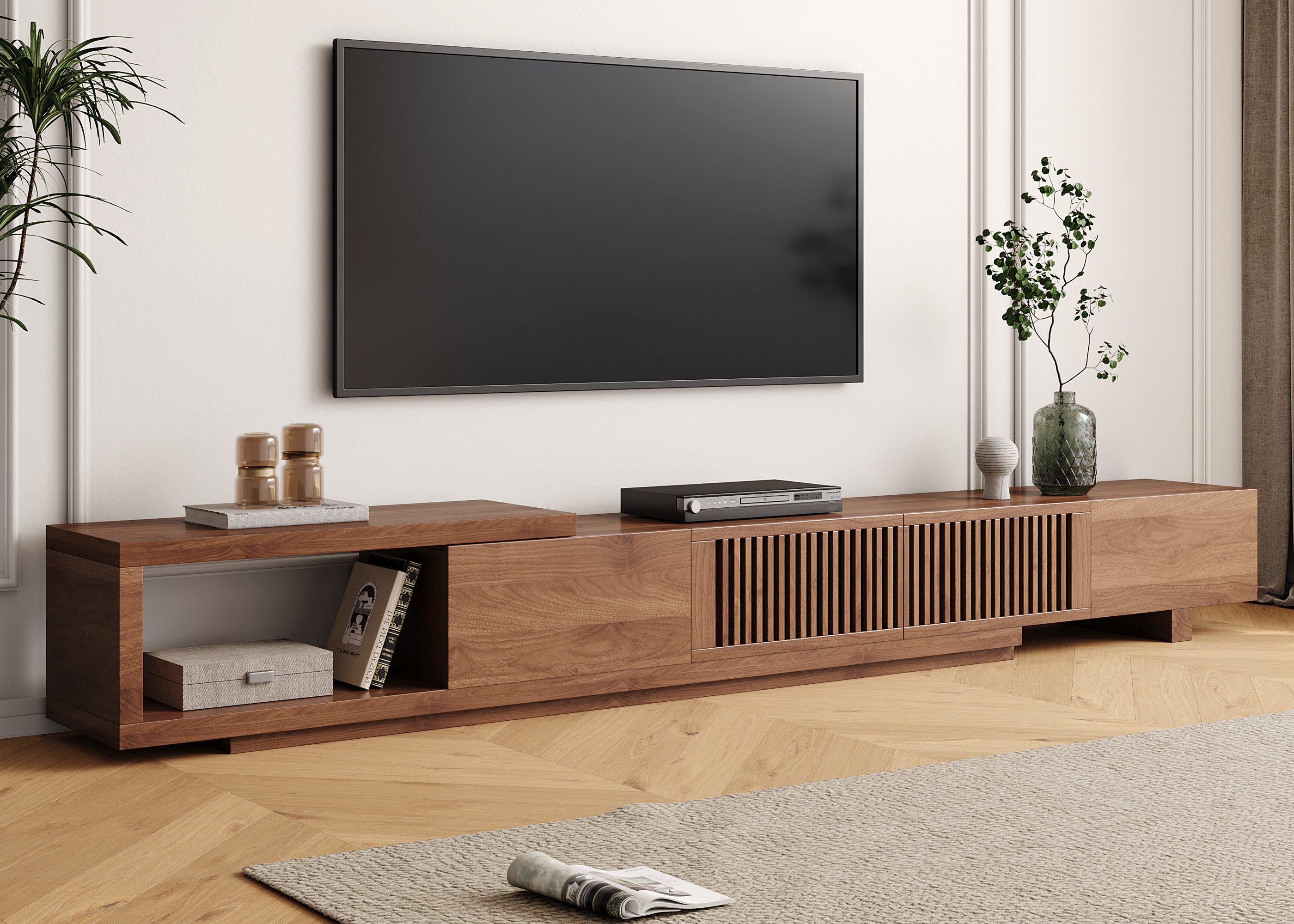 oleyluckidea TV-Schrank für 80"+ TV (Set) TV board ausziehbar, Lowboard Walnuss, TV-Lowboard Breite 198 cm bis 262 cm, Moderner