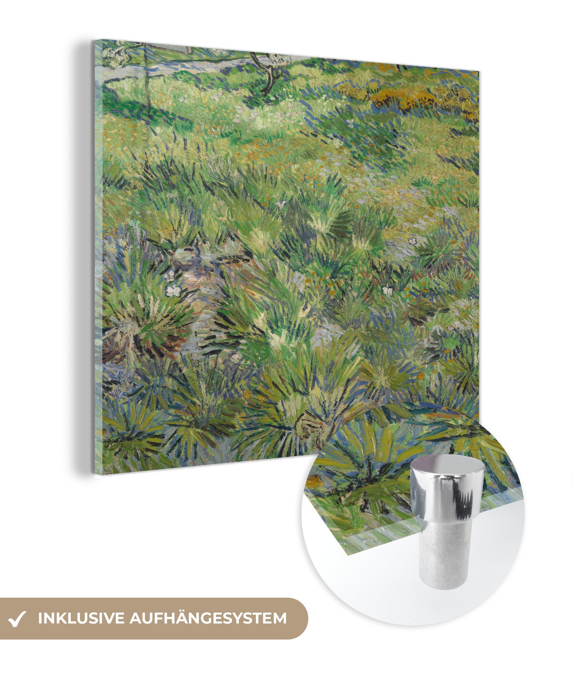 MuchoWow Acrylglasbild Grasige Wiese mit Blumen und Schmetterlingen - Gemälde von Vincent van, (1 St), Glasbilder - Bilder auf Glas Wandbild - Foto auf Glas - Wanddekoration