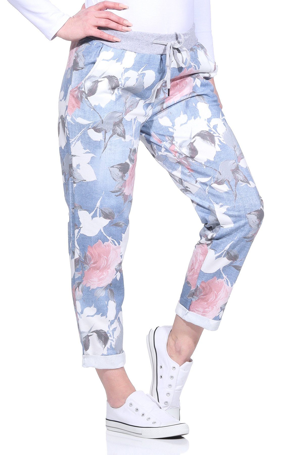 Aurela Damenmode Jogginghose Freizeithose sommerliche Haushose leichte Jogginghose mit elastischem Bund und Schnürung Jeansoptik Hellblau mit Blumen