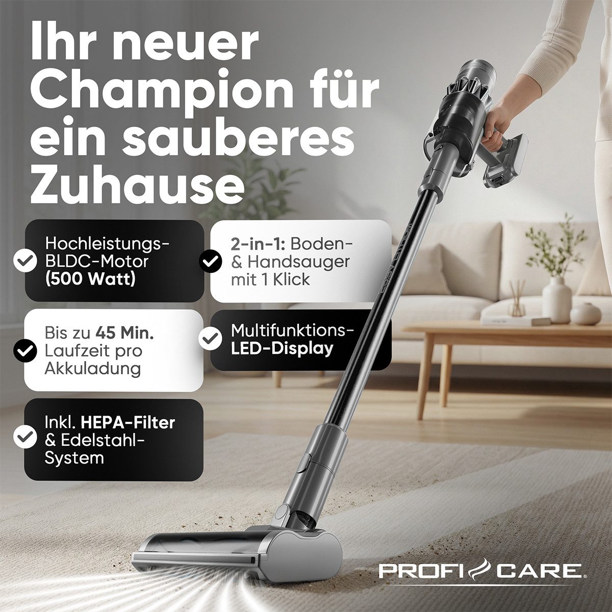 ProfiCare Akku-Bodenstaubsauger PC-BS 3138 A, Akku Staubsauger, 500W Motor, Staubsauger kabellos