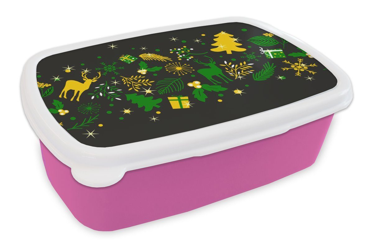 MuchoWow Lunchbox Weihnachten - Muster - Hirsche, Kunststoff, (2-tlg), Brotbox für Erwachsene, Brotdose Kinder, Snackbox, Mädchen, Kunststoff rosa
