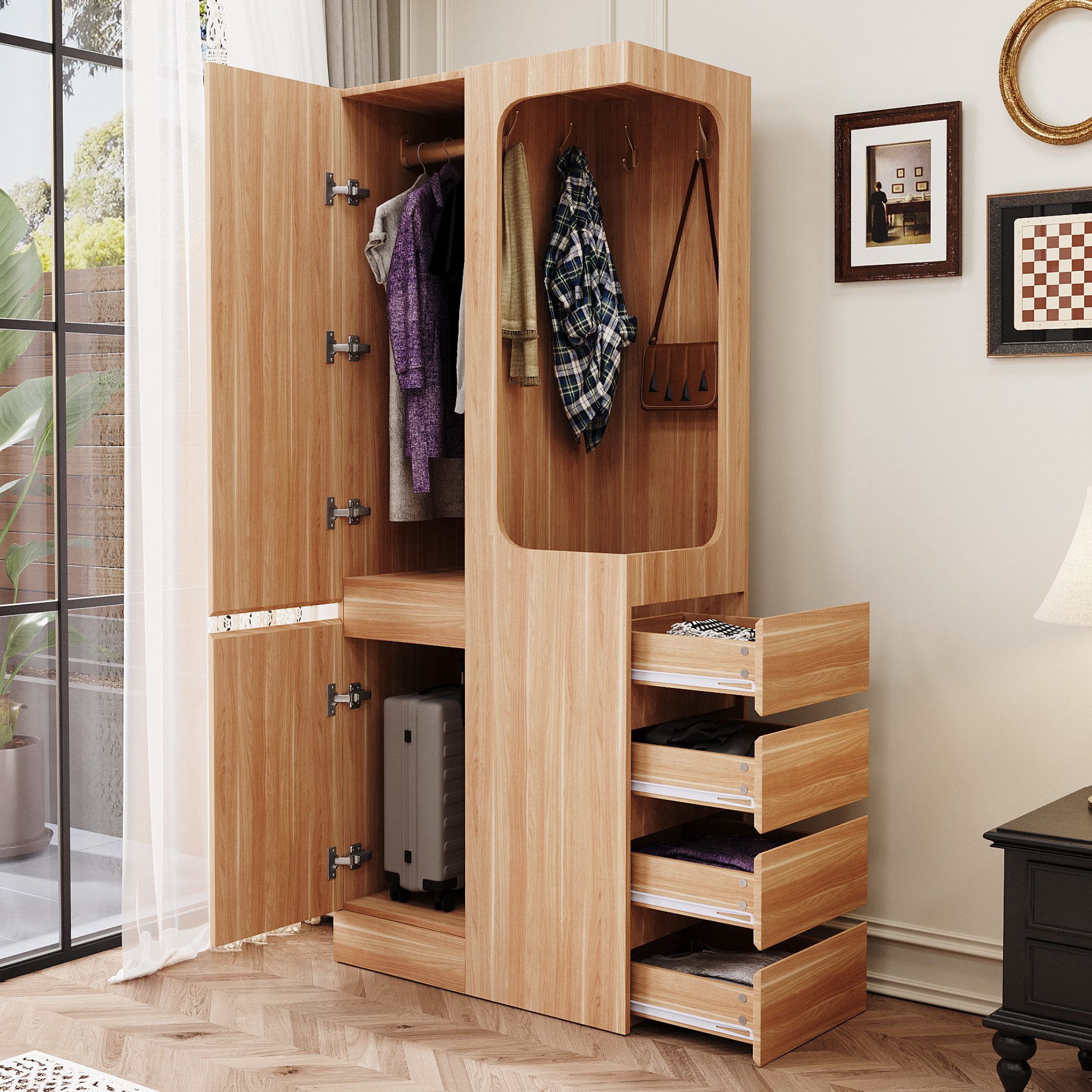 Odikalo Kleiderschrank Eckkleiderschrank mit Schubladen (Kleiderschrank 70 x 40 x 170 cm, mit Schubladen und Staufächern, offenem Kleiderbereich, eintürig, Holzfarbe / Weiß)