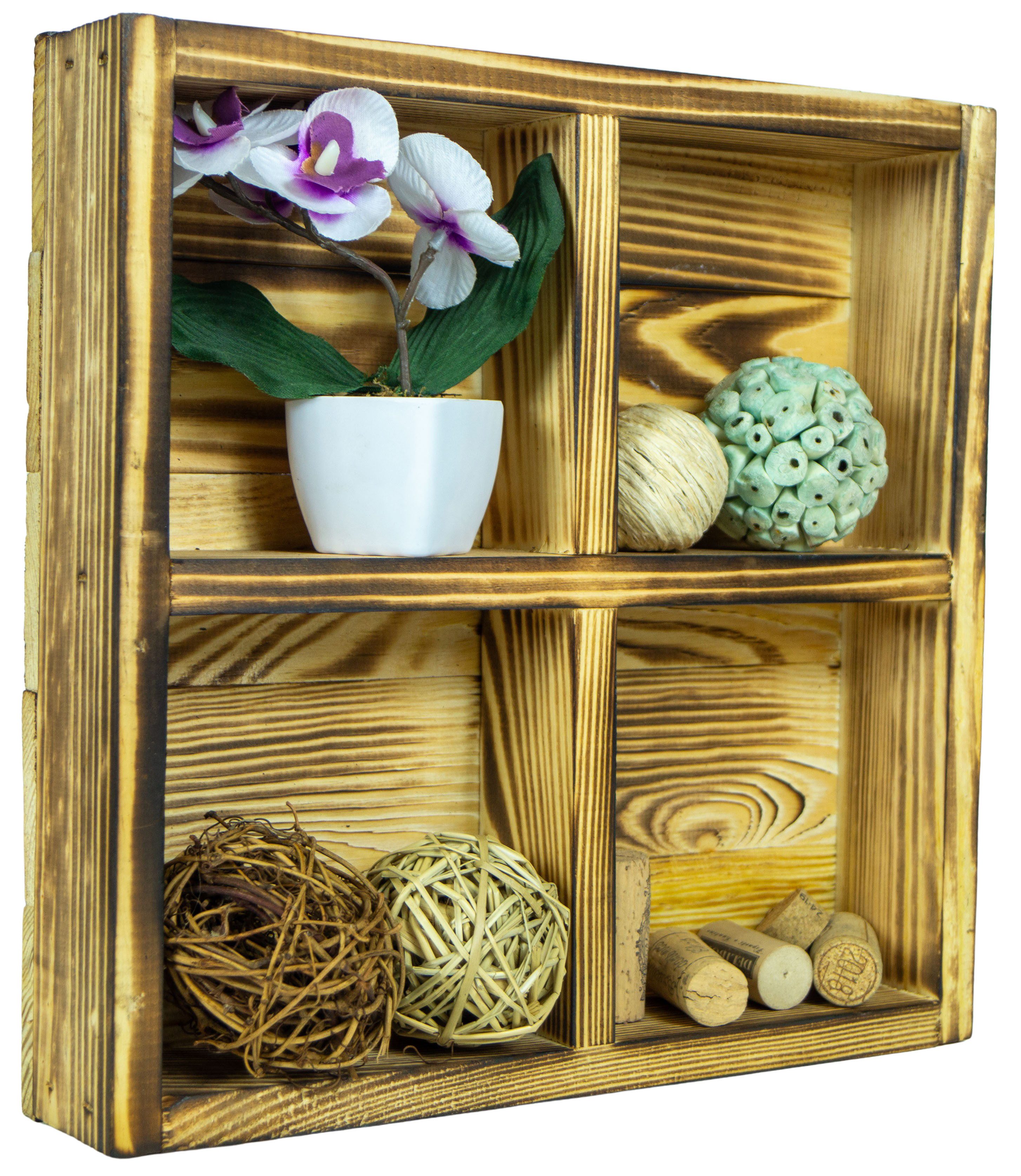 Kistenkolli Altes Land Allzweckkiste Kleine Holzkiste Alma mit 4 Fächern in geflammt Teekiste Dekorationski (Spar-Set)